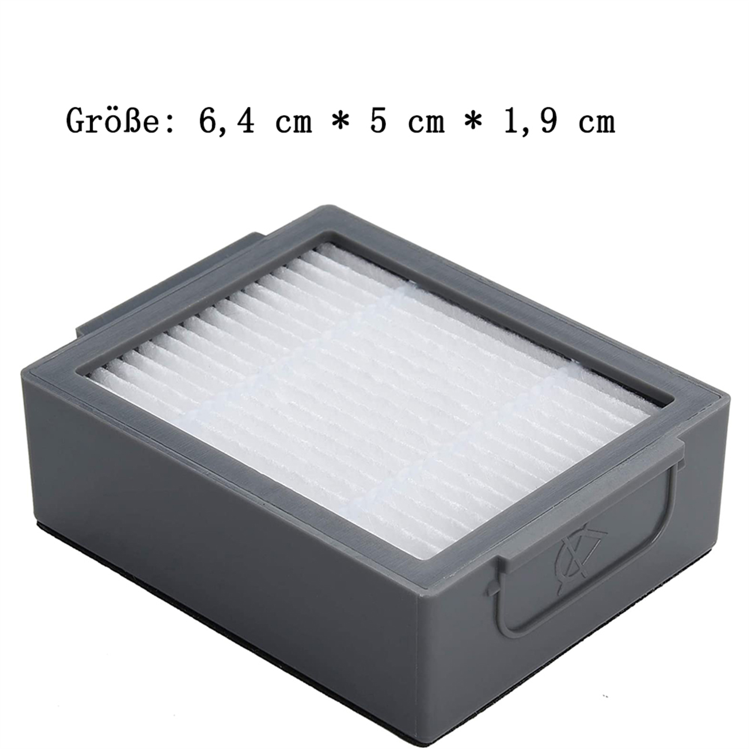 Nahaufnahme eines rechteckigen Luftfilters. Grauer Rahmen, weißes Filtermaterial. Text: 6,4 cm x 5 cm x 1,9 cm.