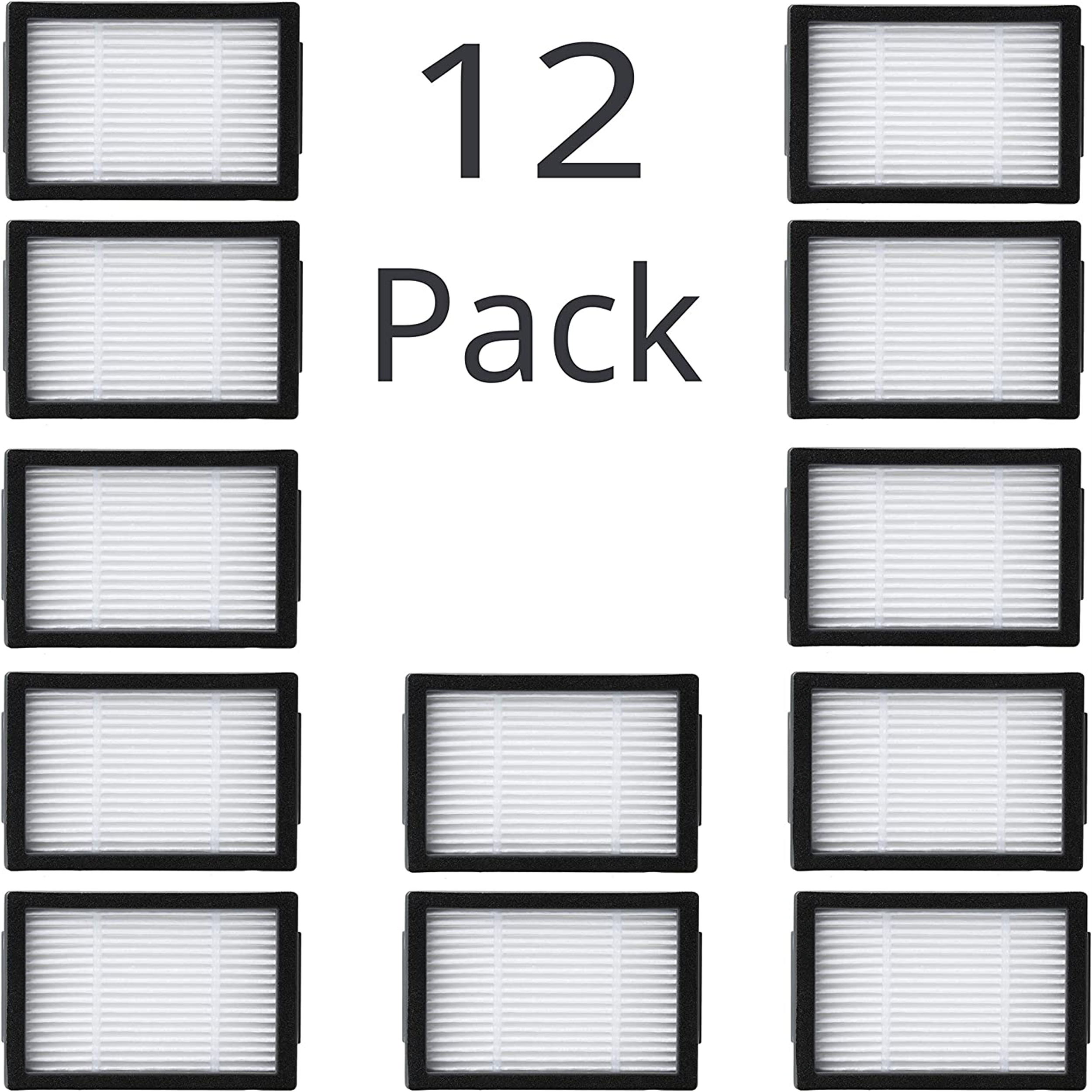 Zwölf Luftfilter. Filter haben weißes, plissiertes Material mit schwarzen Rahmen. Der Text "12 Pack" ist ebenfalls vorhanden.