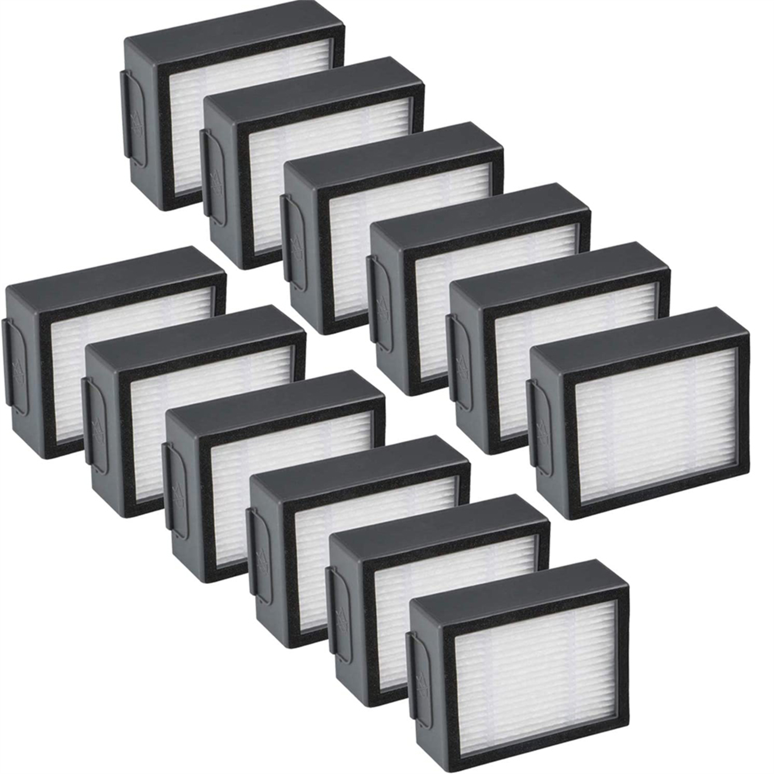 Zehn rechteckige schwarze Luftfilter-Ersatzteile. Weißes Filtermaterial. Diagonal angeordnet.