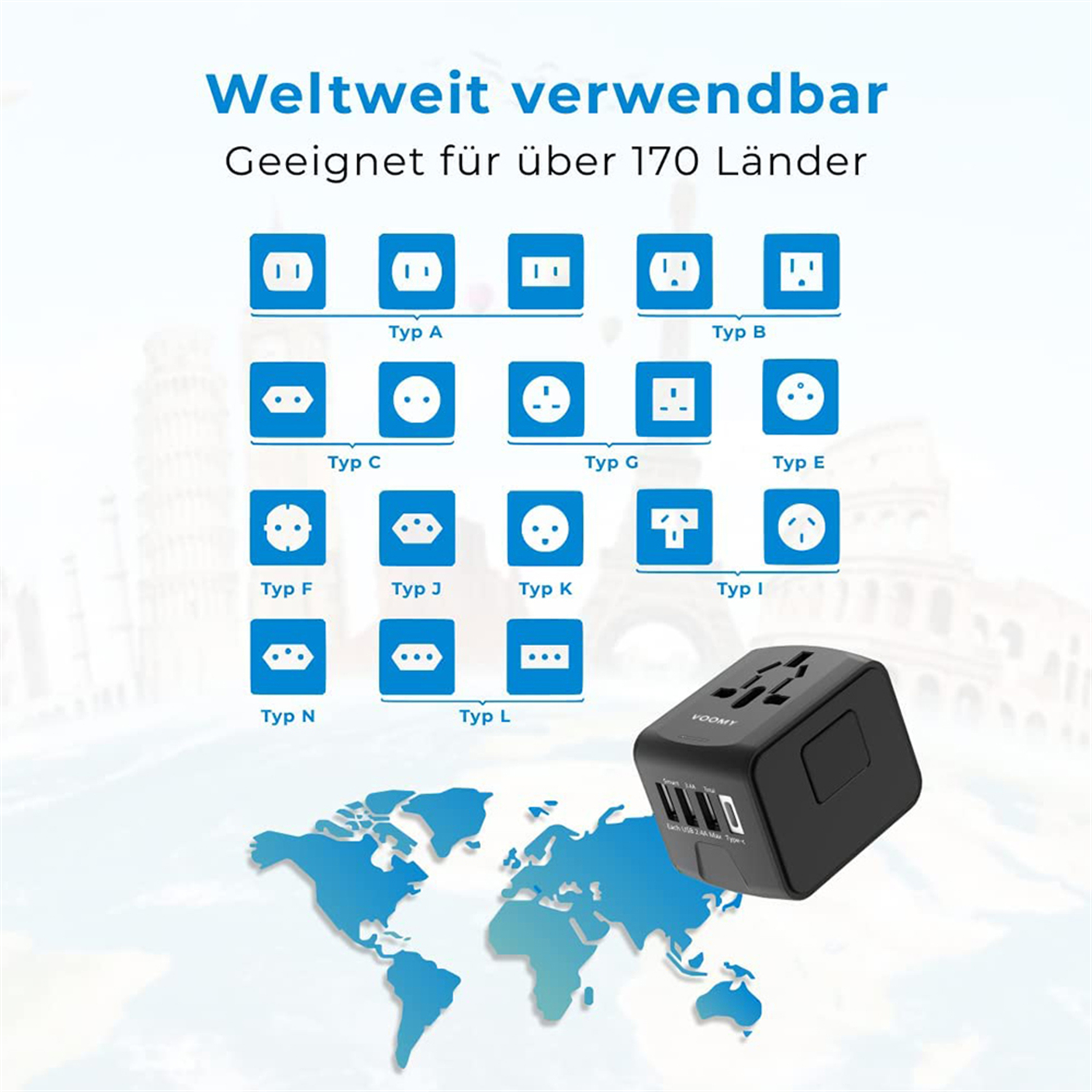 Ein Poster mit verschiedenen Steckertypen und einem schwarzen Reiseadapter. Der Text ist auf Deutsch.