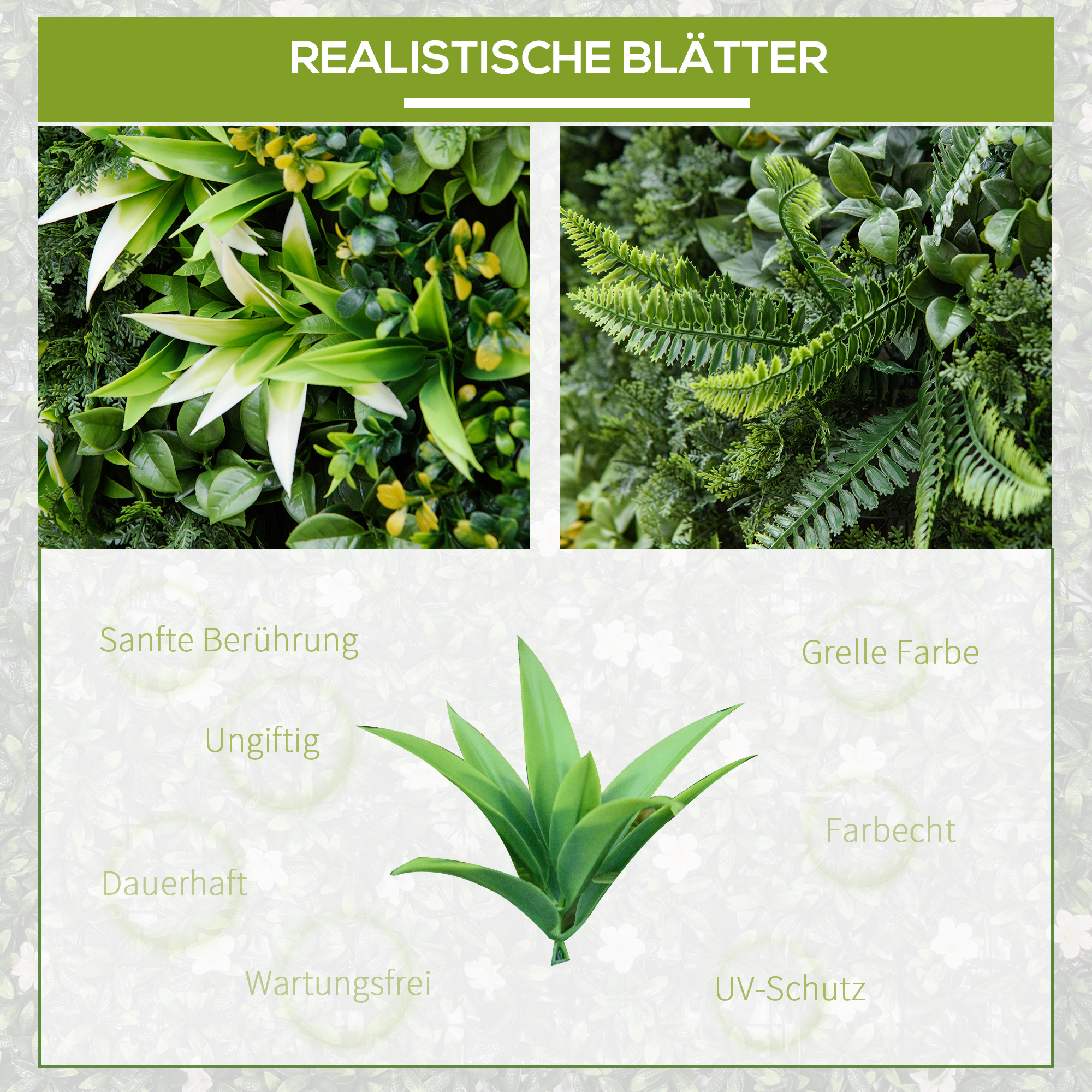 Ein Bild mit drei kleineren Fotos von Pflanzen und einem größeren in der Mitte. Text beschreibt die Vorteile.