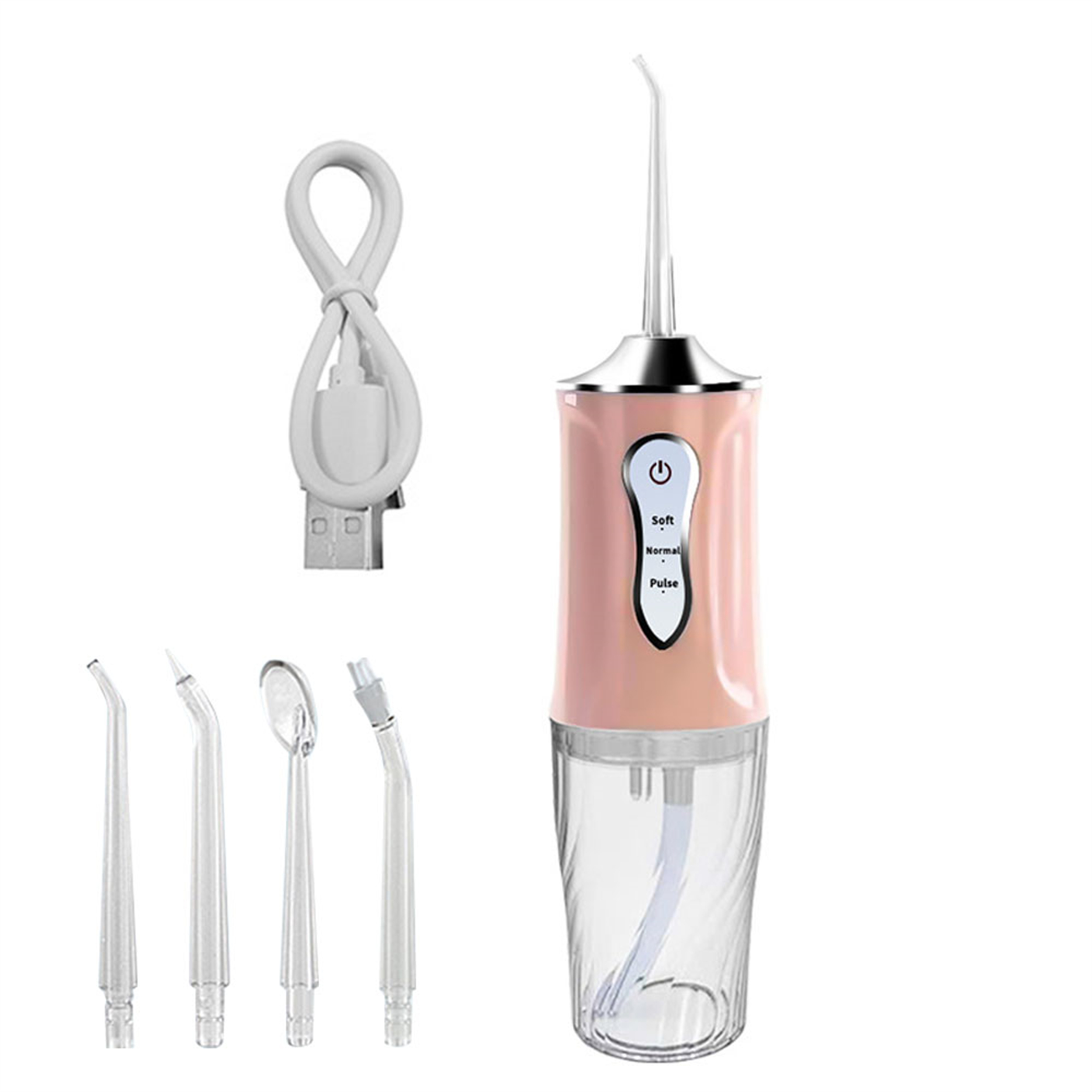 Ein rosa-weißer Wasserflosser mit Zubehör und einem USB-Ladekabel.