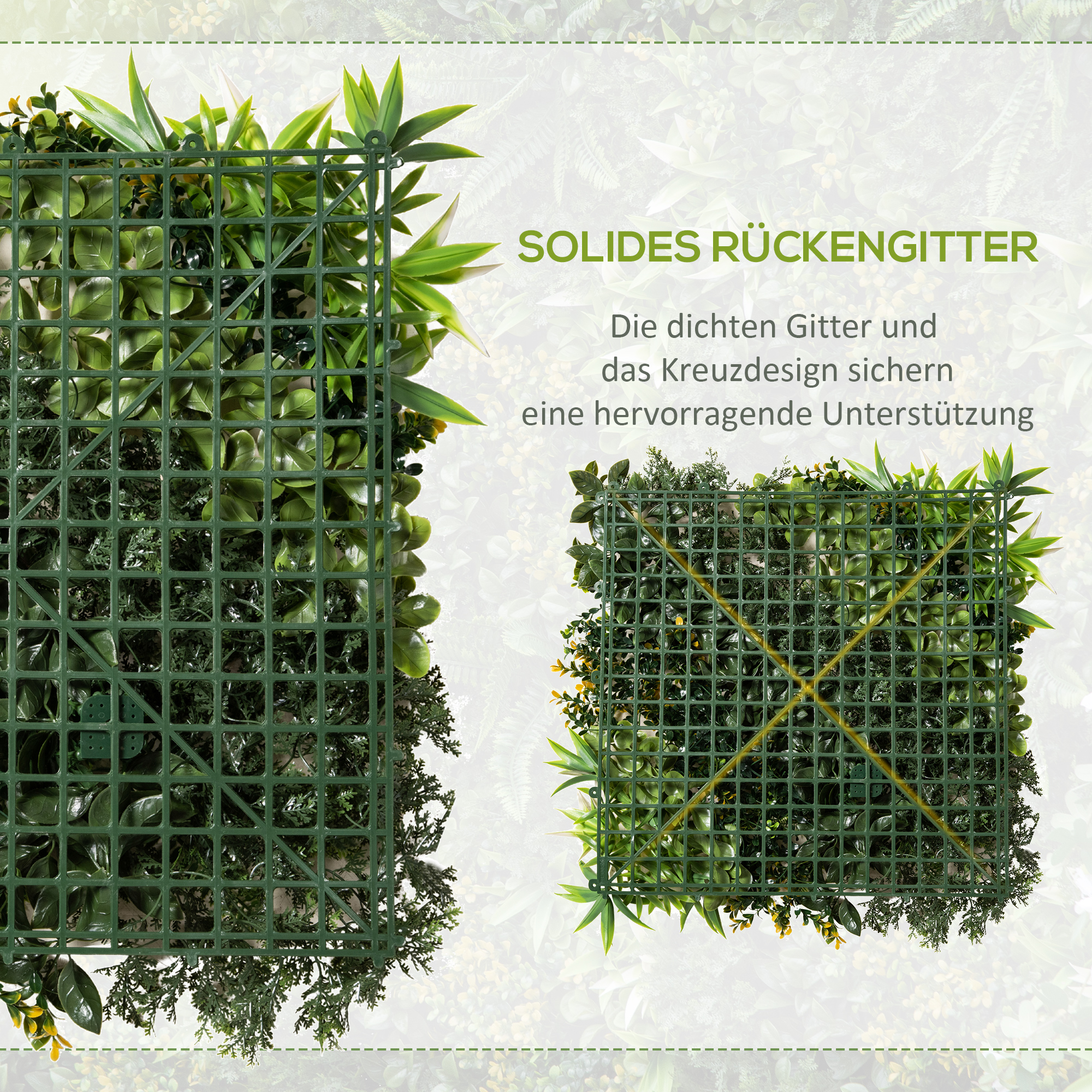 Zwei Paneele aus künstlicher grüner Hecke mit deutschem Text. Der Text beschreibt das stabile Gitter und Design.