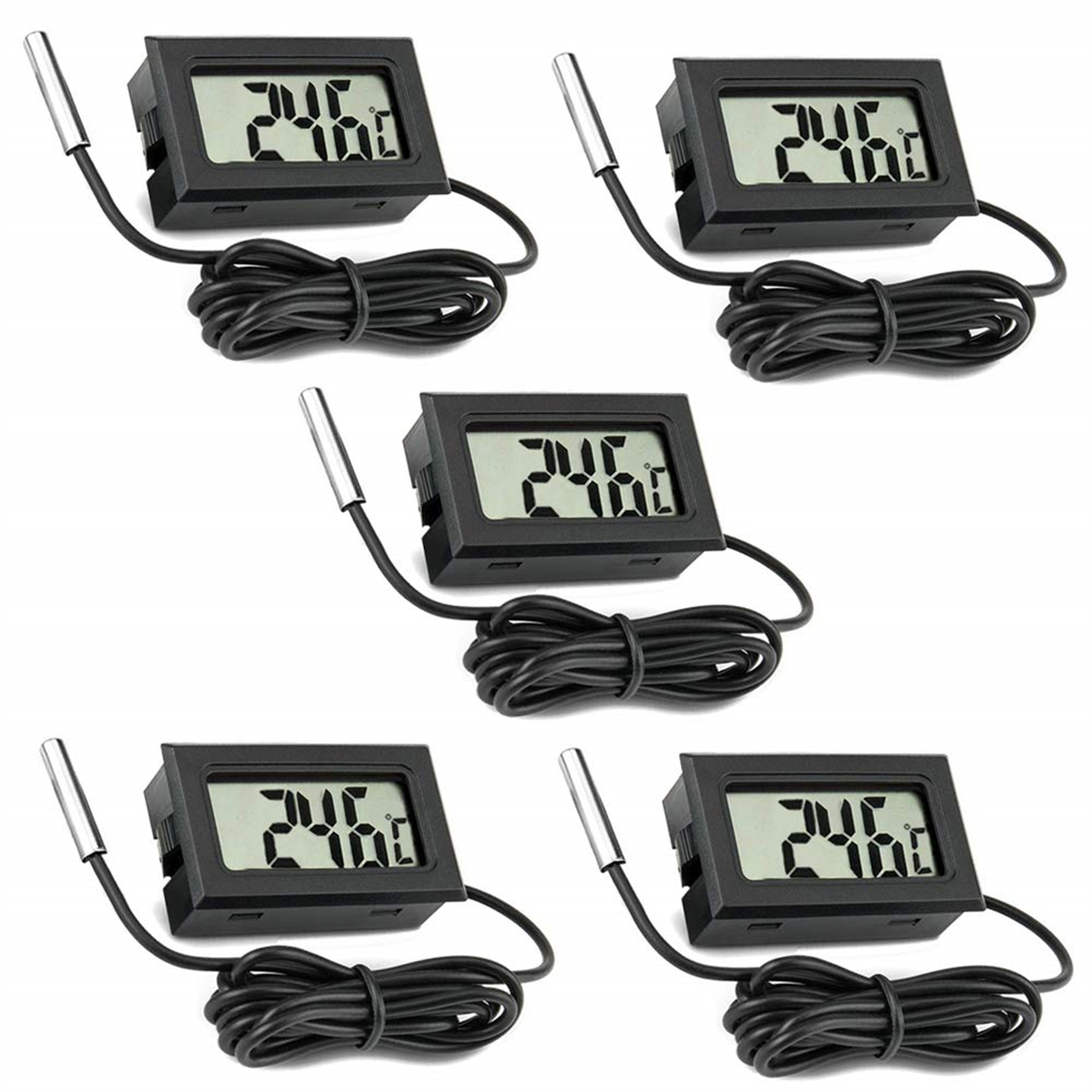 Fünf digitale Thermometer mit 24,6, mit schwarzem Gehäuse und Sonde.