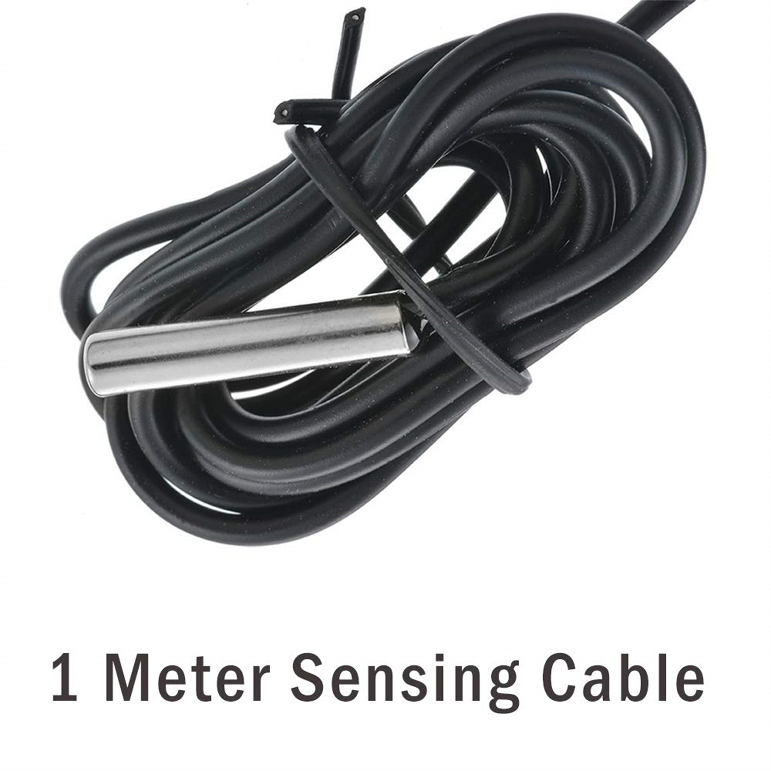 Schwarzes Kabel mit Edelstahlsonde, als 1-Meter-Sensorkabel gekennzeichnet.