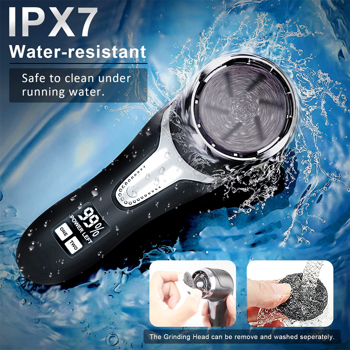 Schwarzer elektrischer Fußrasierer, Wassertropfen und Nahaufnahme des Schleifkopfes.