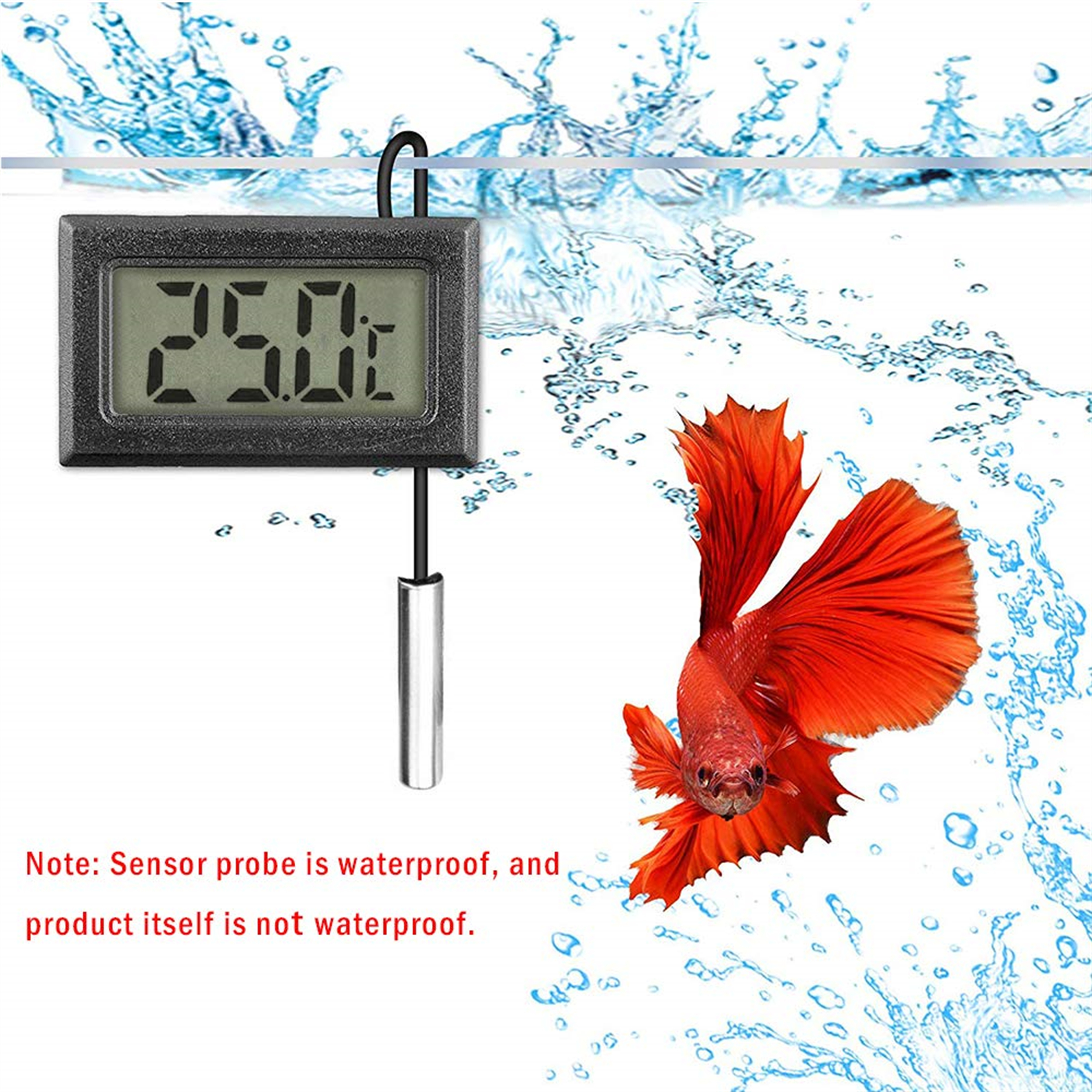 Digitales Thermometer in Wasser mit rotem Fisch und Blasen, Text über Wasserdichtigkeit.