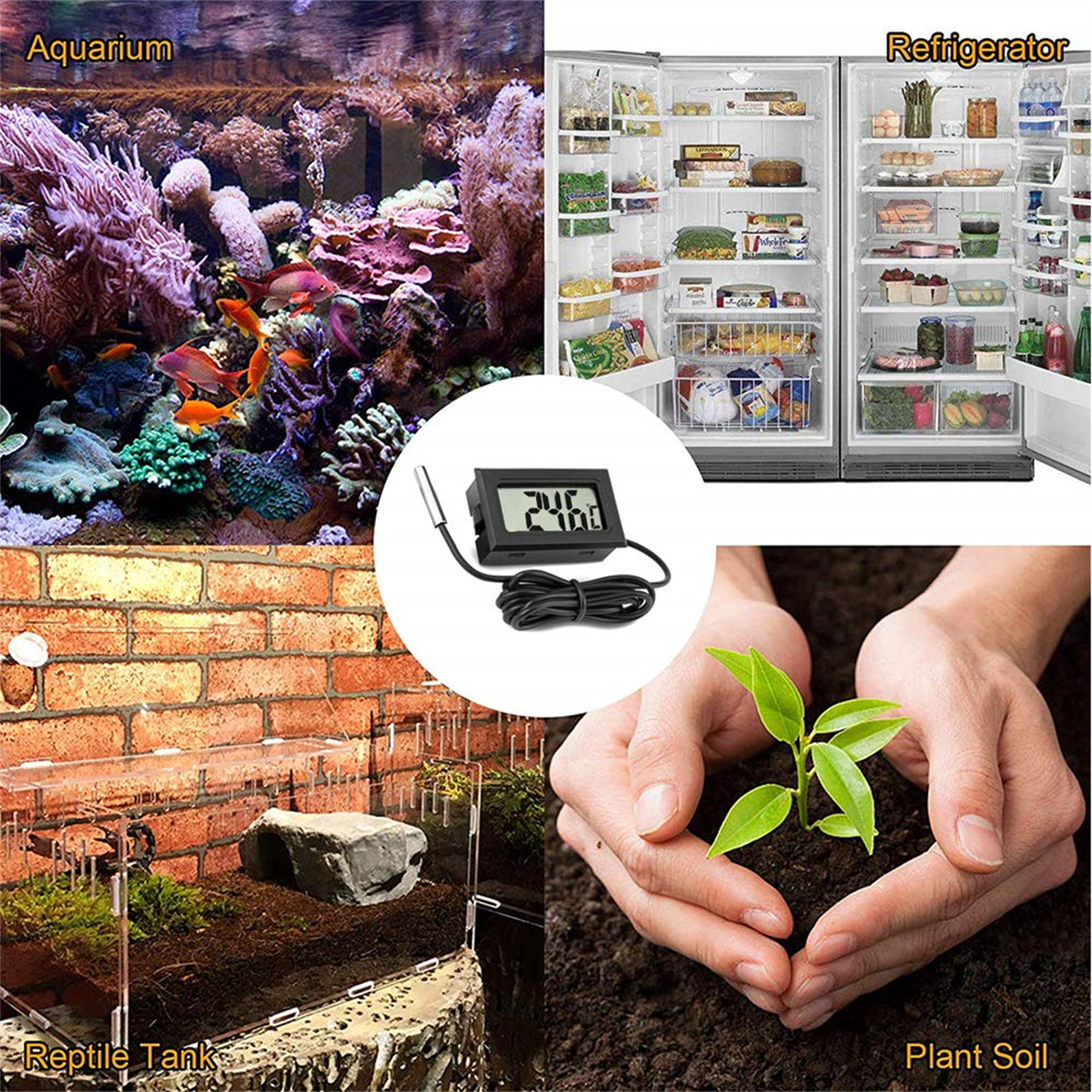 Bild mit Aquarium, Kühlschrank, Reptilienbecken, Pflanzerde und Digitalthermometer. Verschiedene Objekte und Einstellungen werden präsentiert.
