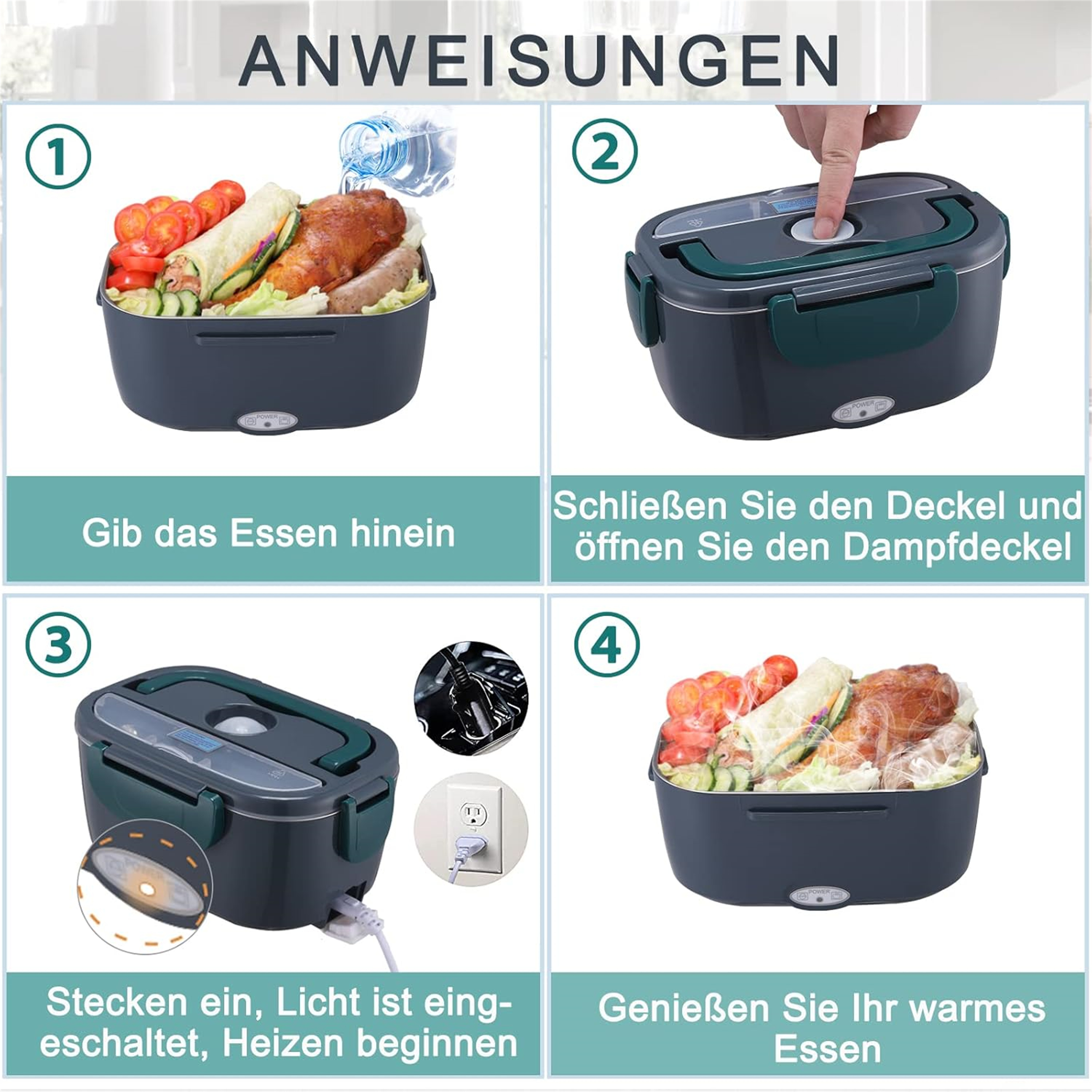 Vier-Schritt-Anleitung zur Verwendung eines Speisenwärmers. Schritte umfassen Essen hinzufügen, Deckel schließen, einstecken und essen.