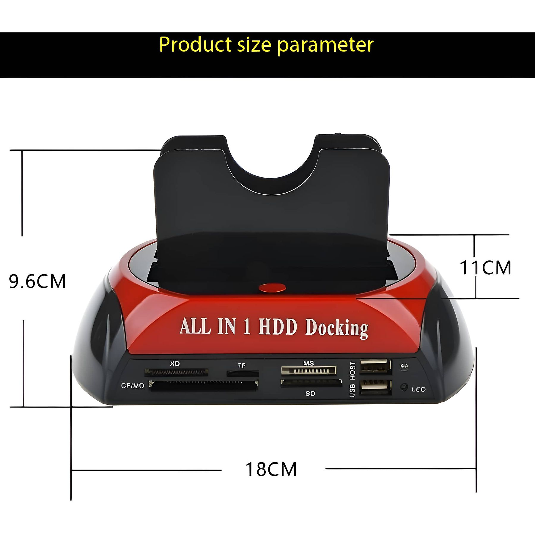 Eine schwarze und rote Dockingstation mit Abmessungen. Es enthält Steckplätze für verschiedene Kartentypen und USB-Anschlüsse.