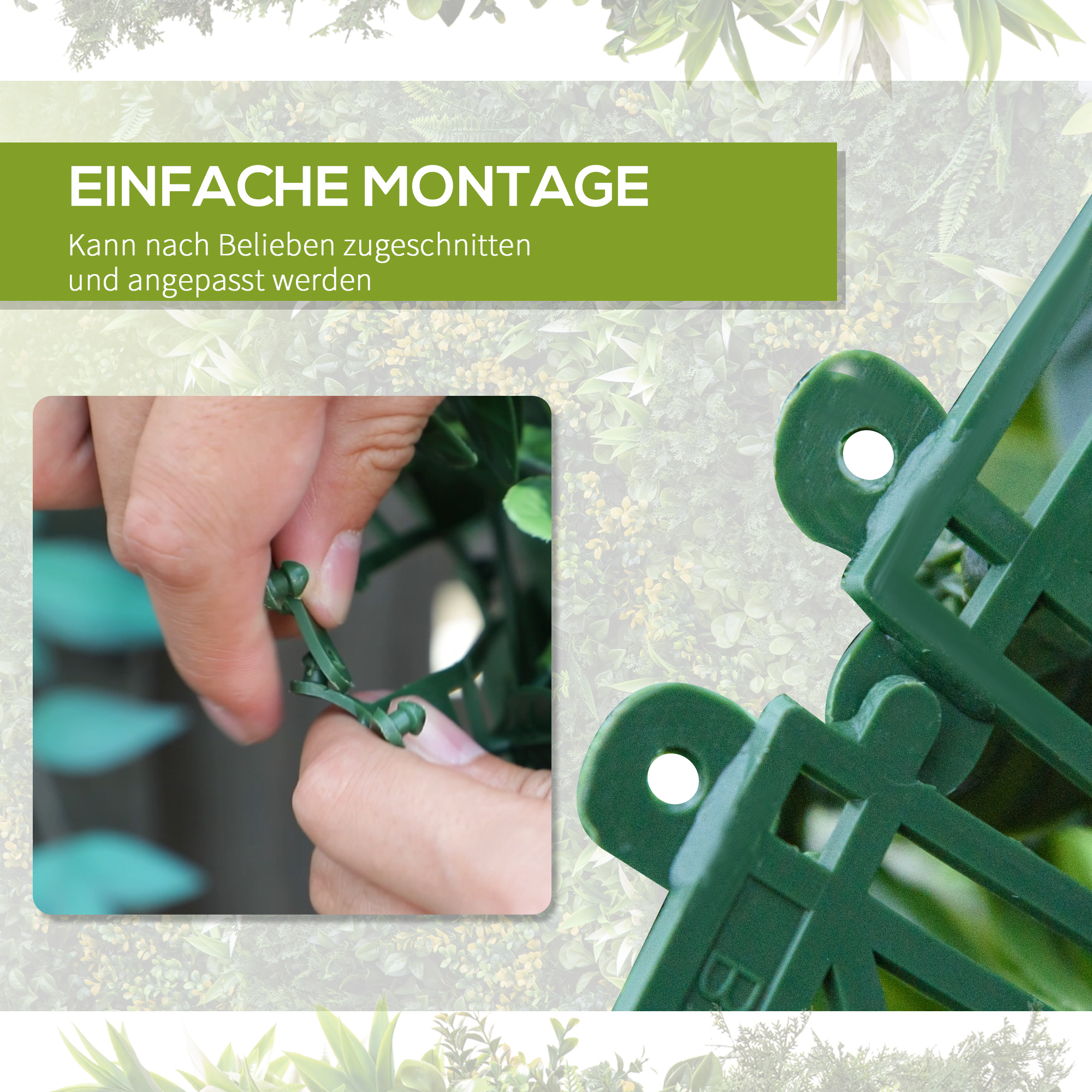 Nahaufnahme von Händen, die künstliche Pflanzen an ein grünes Gitter anbringen. Text beschreibt die einfache Montage.