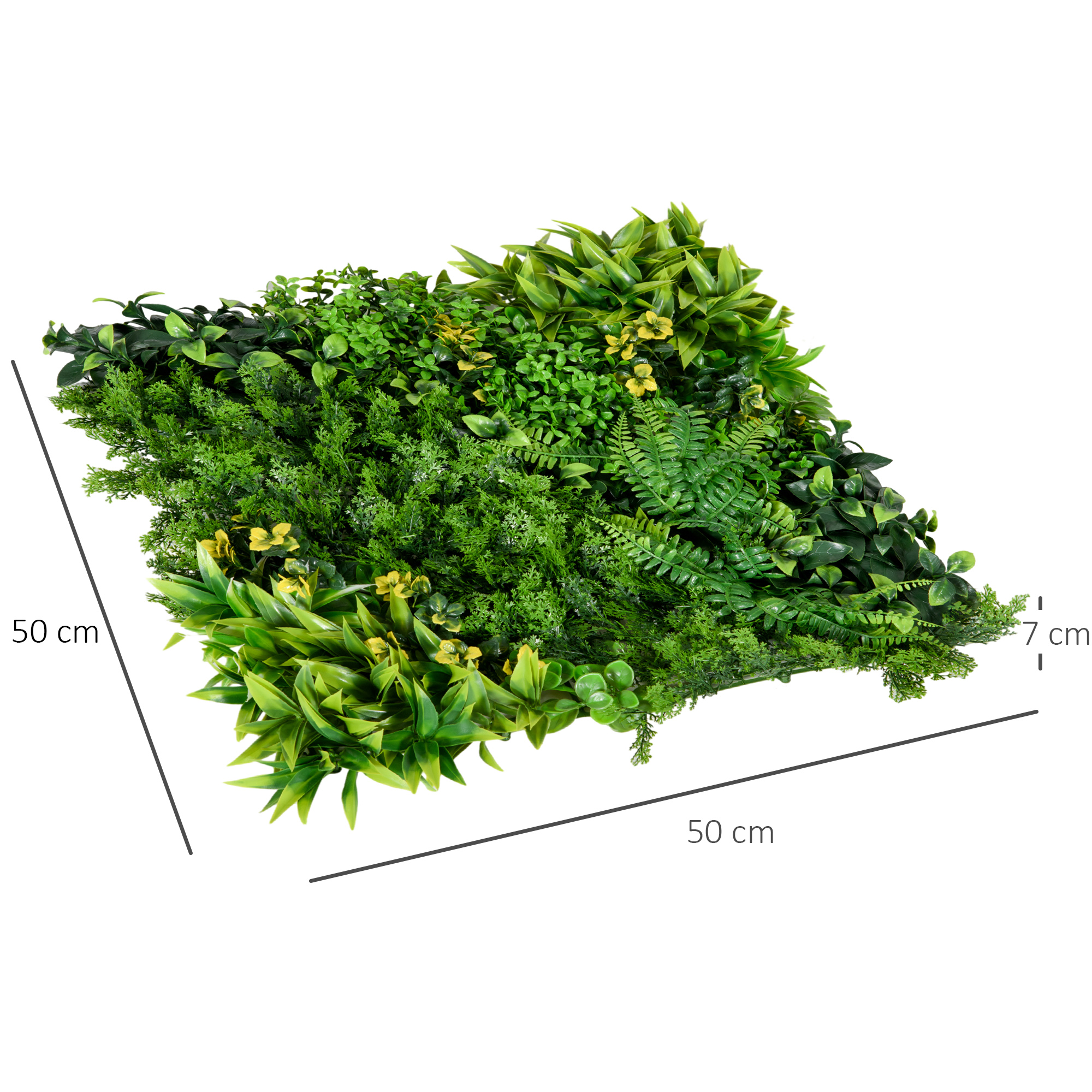 Ein Quadrat aus künstlichen Pflanzen, grün und gelb gemischt, mit den Maßen 50 cm x 50 cm und einer Dicke von 7 cm.