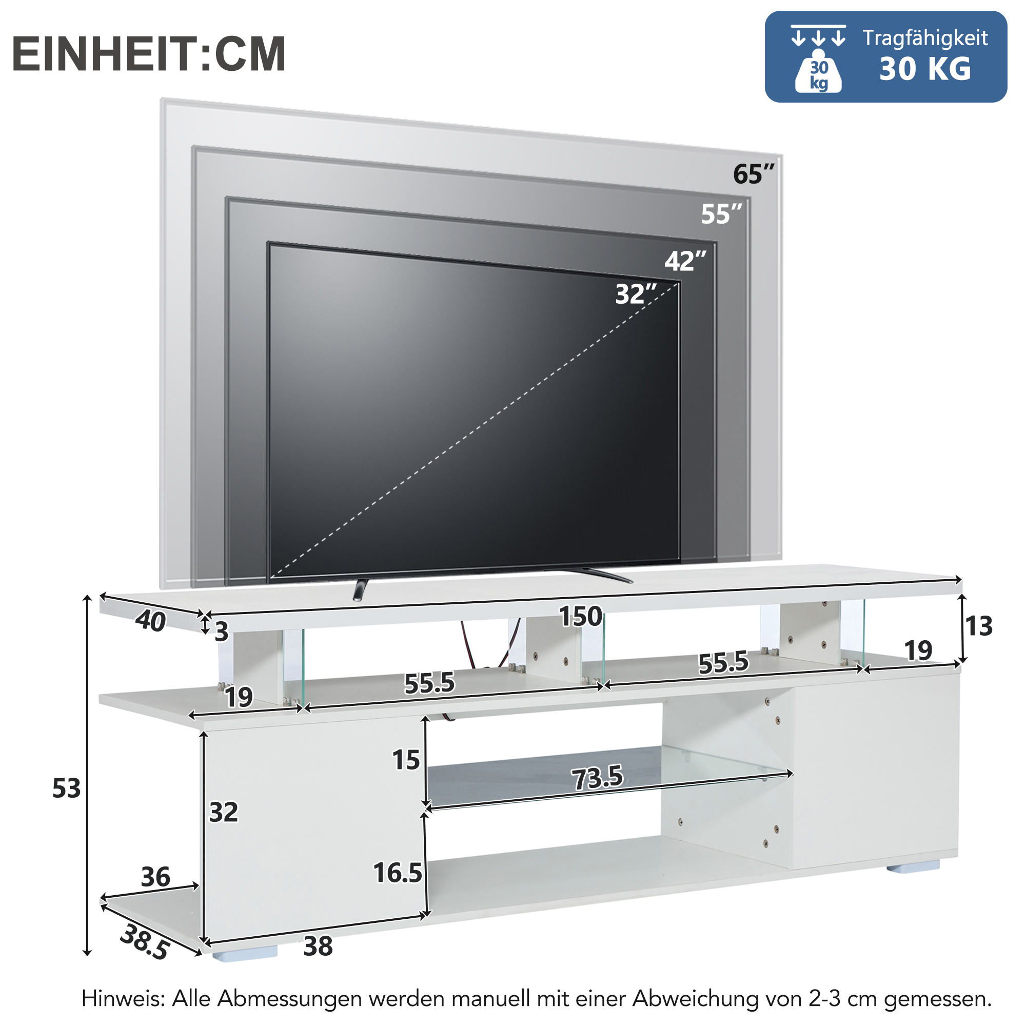 Ein weißer TV-Ständer mit Abmessungen und Tragfähigkeitsangaben, mit einem TV-Umriss darüber.