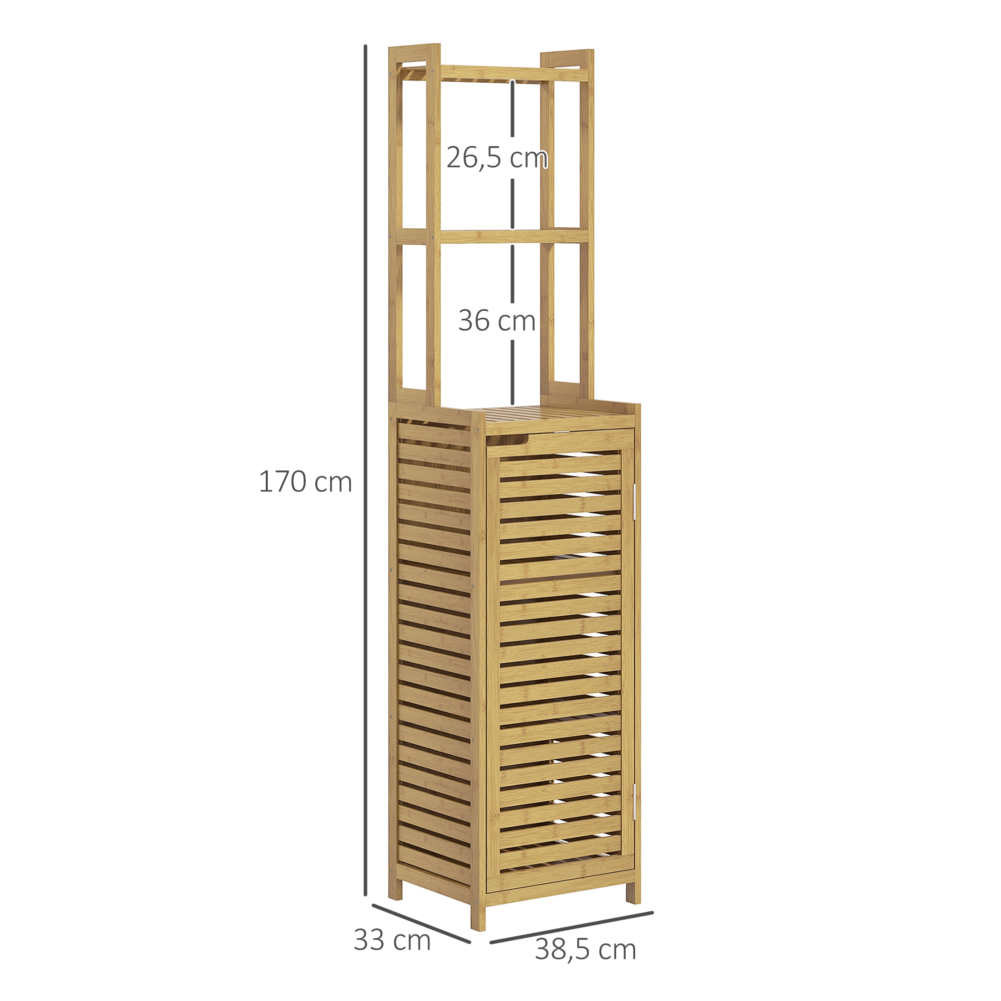 Ein hoher Holzschrank mit Regalen, Maße sind sichtbar, in isolierter Ansicht dargestellt.