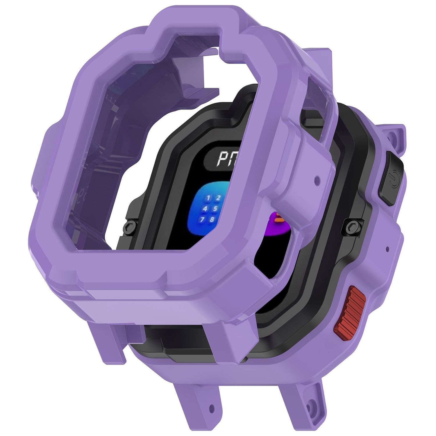 Una custodia protettiva viola per smartwatch con schermo che mostra numeri e pulsanti.
