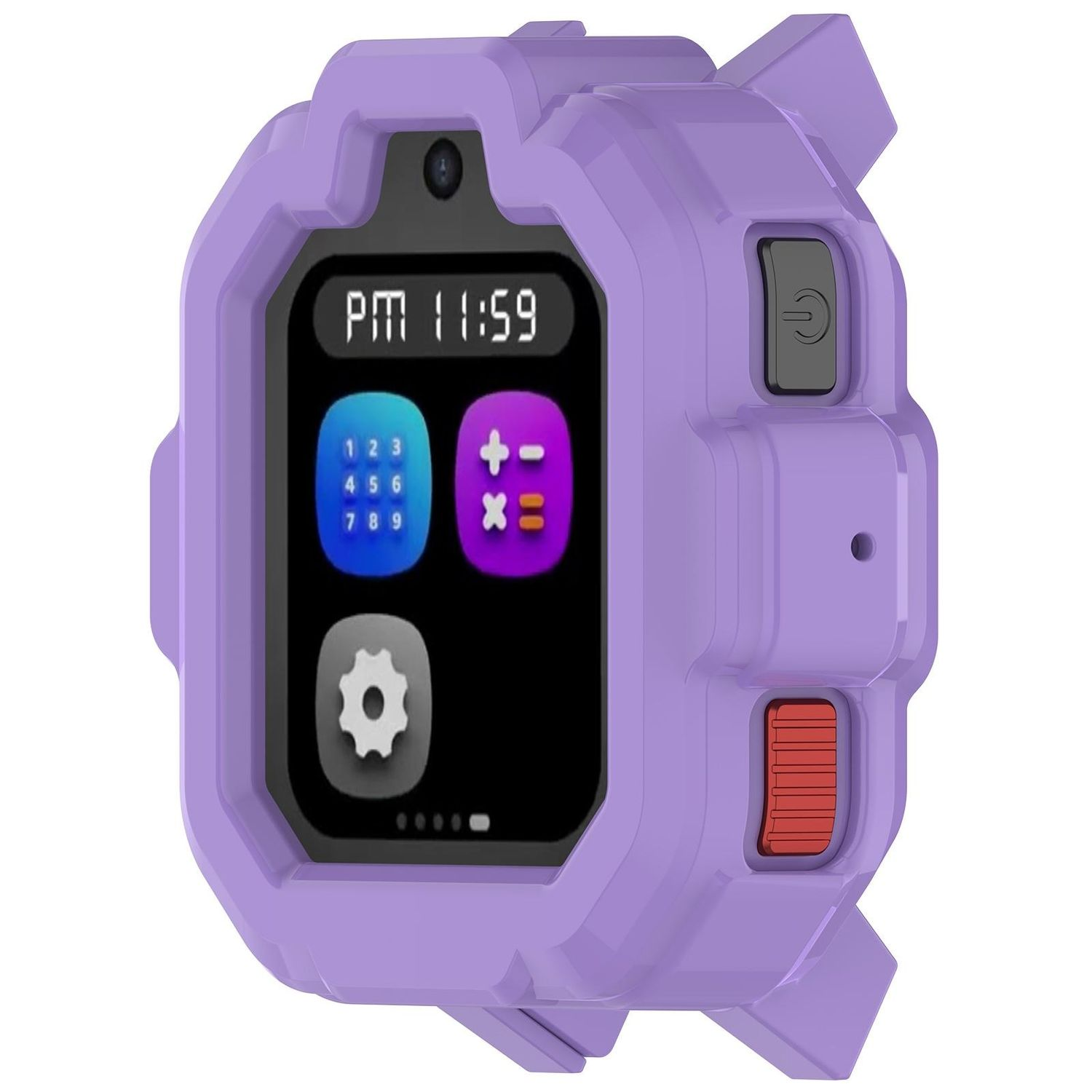 Uno smartwatch viola con uno schermo nero che mostra l'ora e le icone delle app.