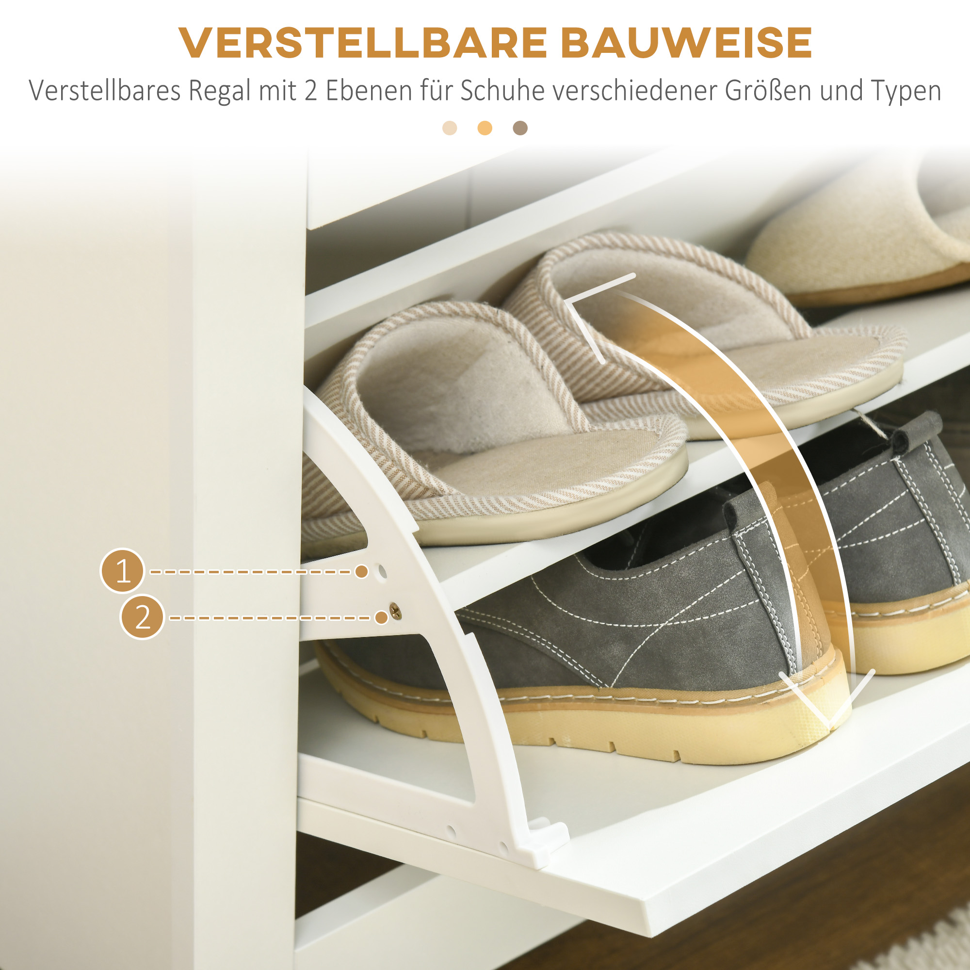 Ein weißes Schuhregal mit Schuhen. Beige Hausschuhe und graue Turnschuhe auf den Regalen.