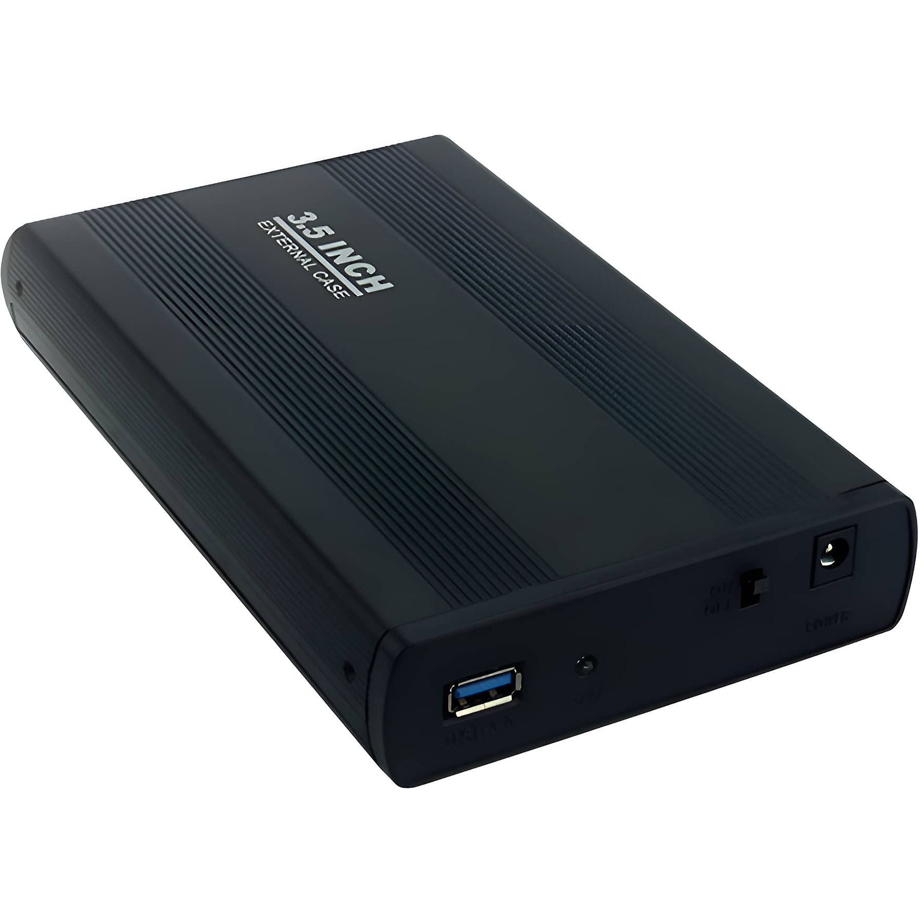 Schwarzes 3,5-Zoll-Gehäuse für externe Festplatte mit USB- und Stromanschlüssen.