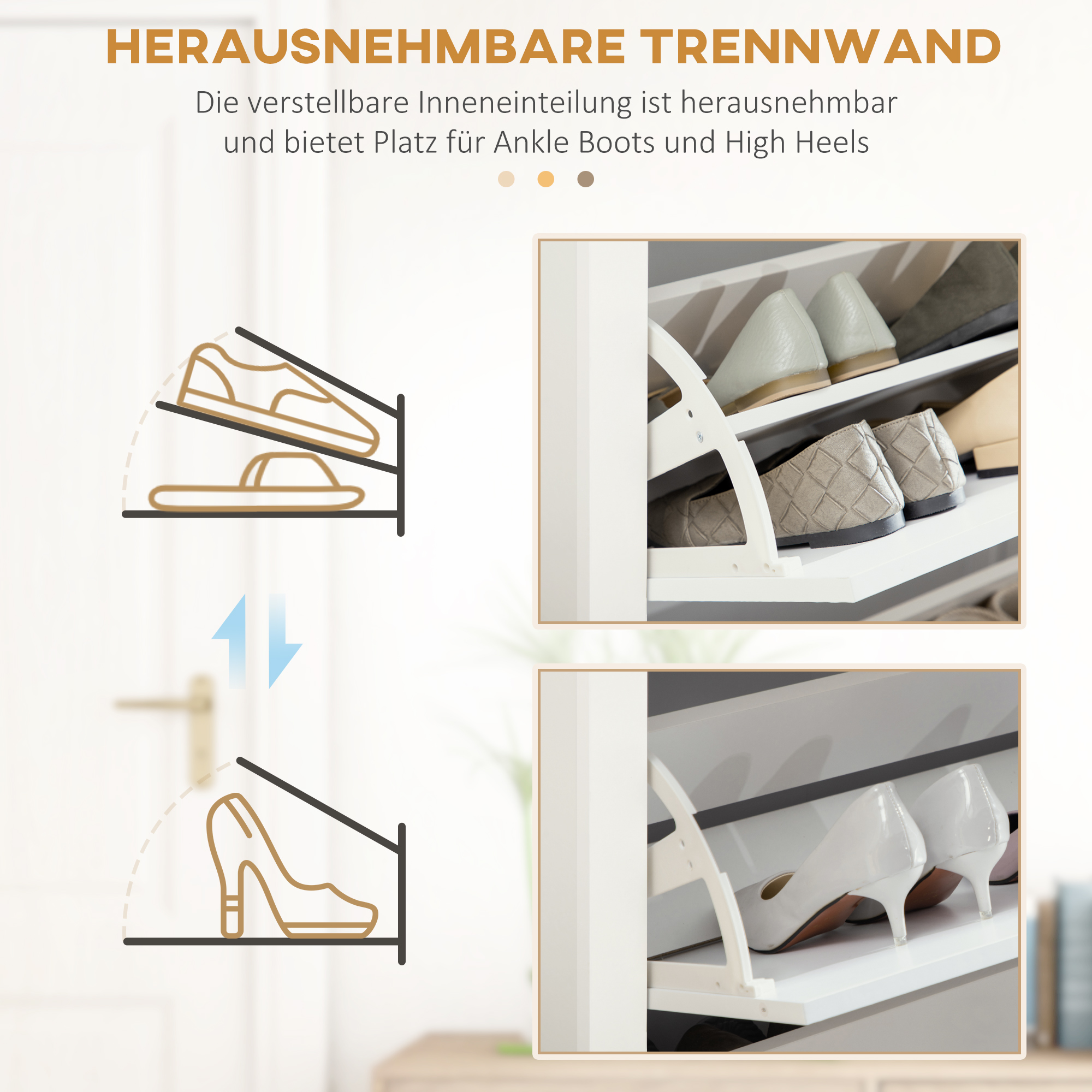 Diagramm der Schuhaufbewahrung, das Schuhe und das Design der herausnehmbaren Ablage zeigt.