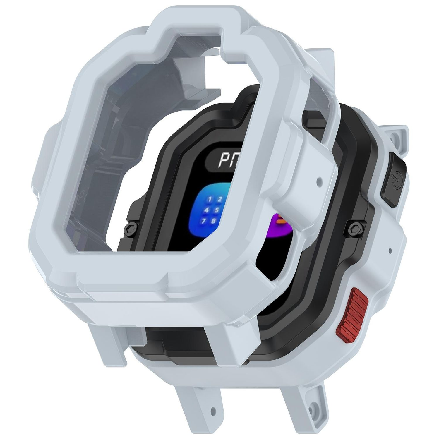 Custodia protettiva bianca attorno a uno smartwatch, che mostra un'interfaccia digitale.
