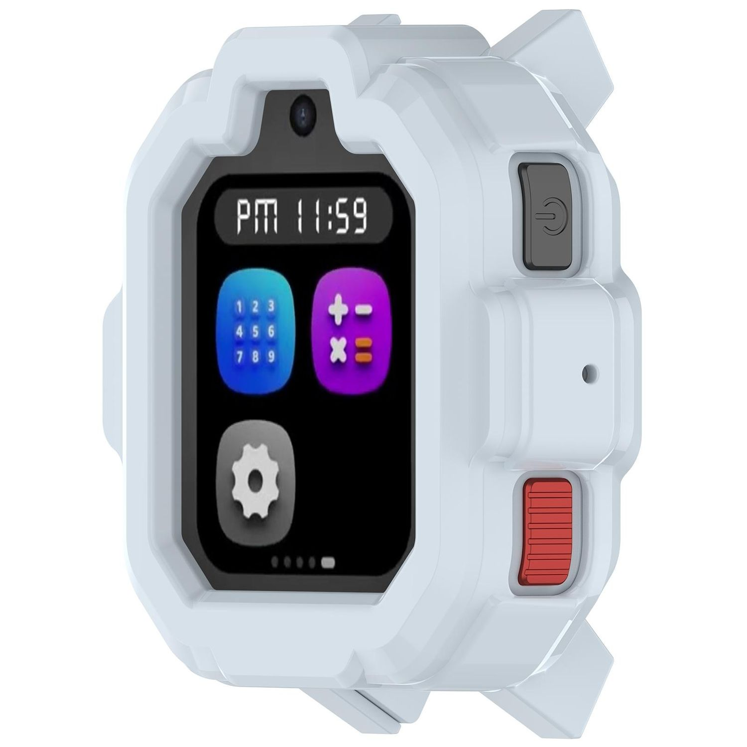 Smartwatch bianca con schermo nero che mostra l'ora e le icone. Pulsanti rossi e grigi sul lato.