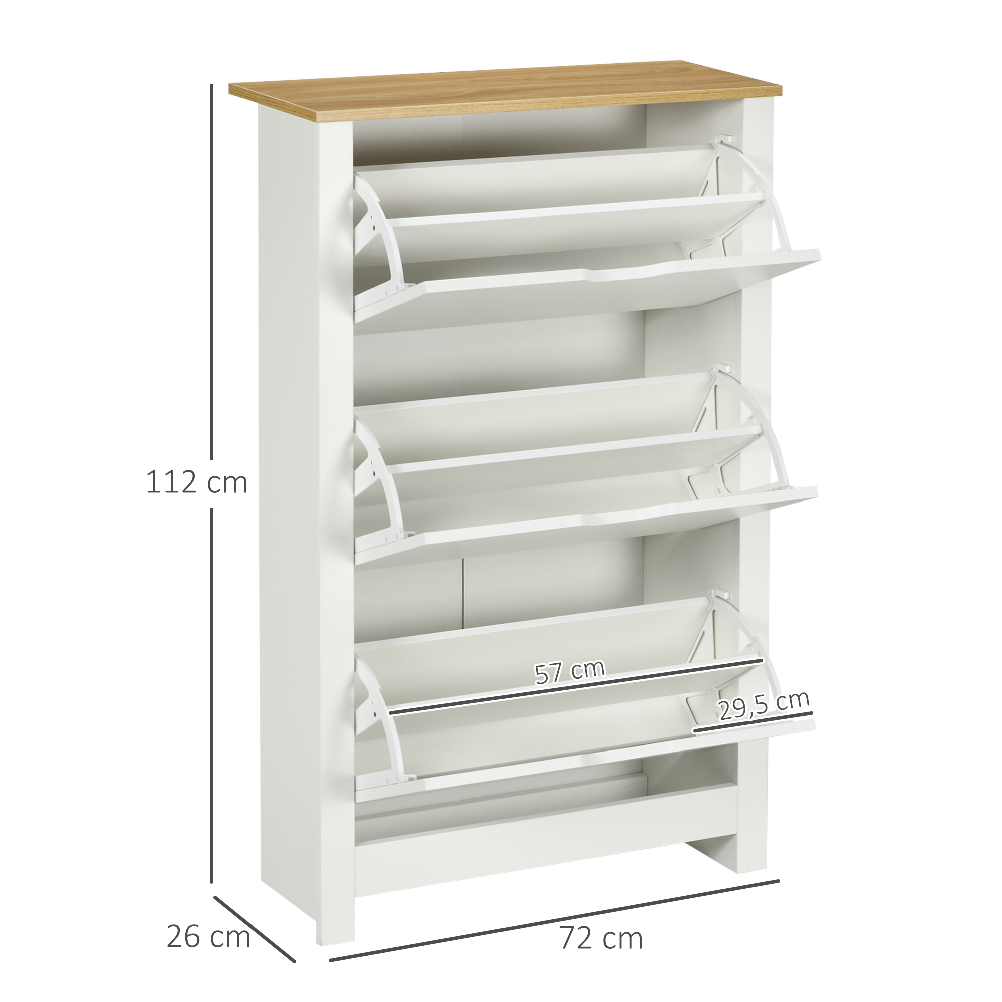 Weißer Schuhschrank mit drei Fächern. Abmessungen: 112 cm hoch, 72 cm breit und 26 cm tief.