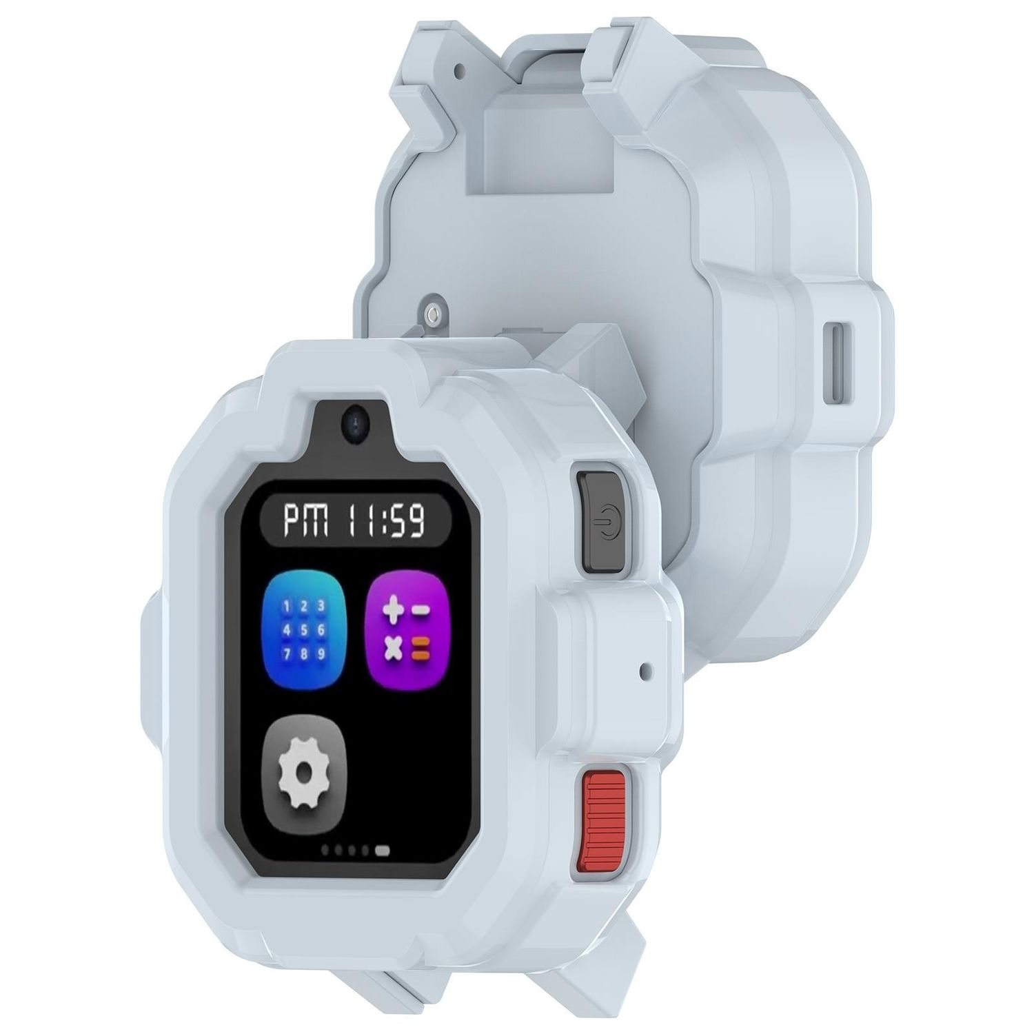 Smartwatch bianca con schermo nero che mostra l'ora e le icone. La cassa dell'orologio è aperta.