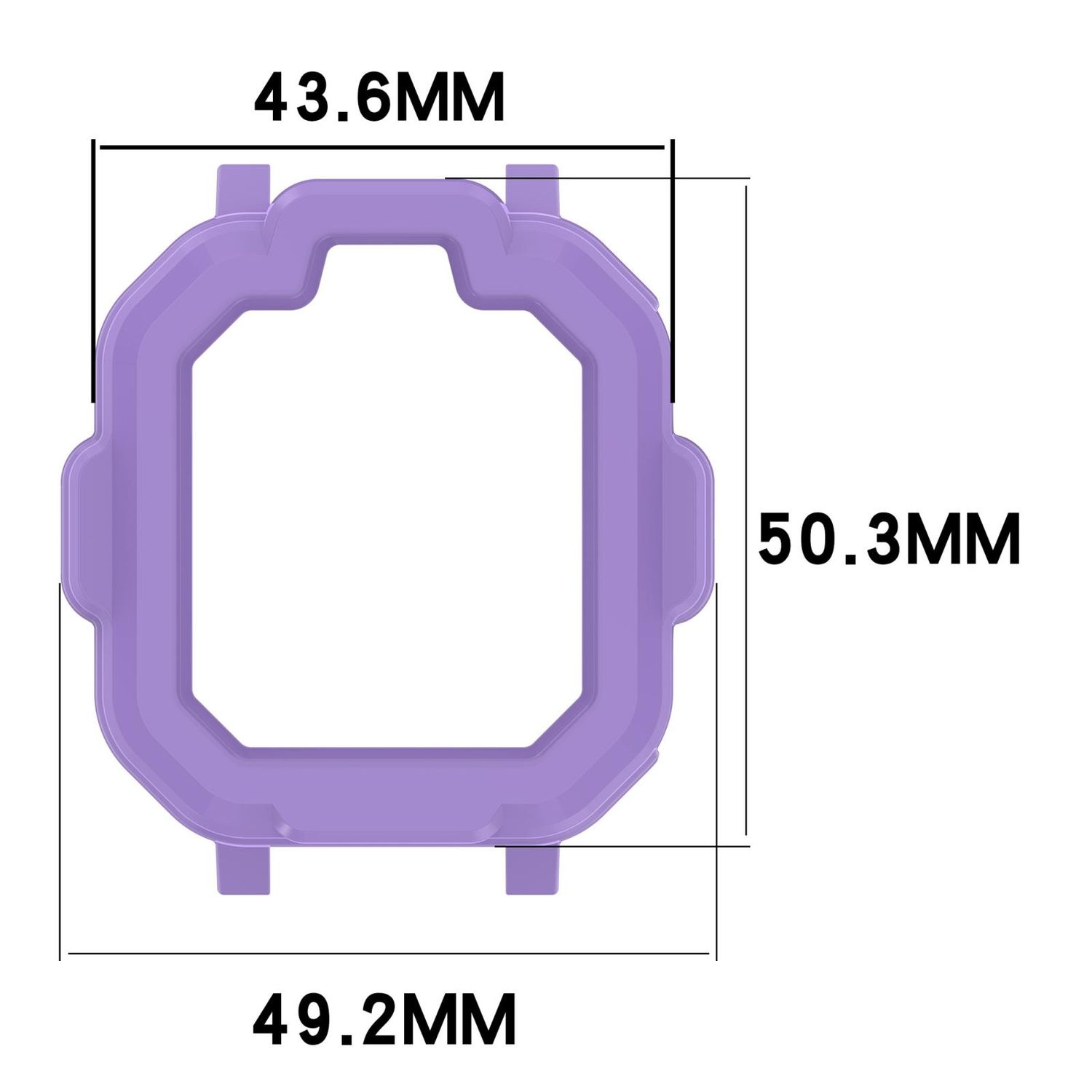 Una cassa dell'orologio viola con dimensioni di 43,6 mm, 50,3 mm e 49,2 mm, di forma rettangolare.