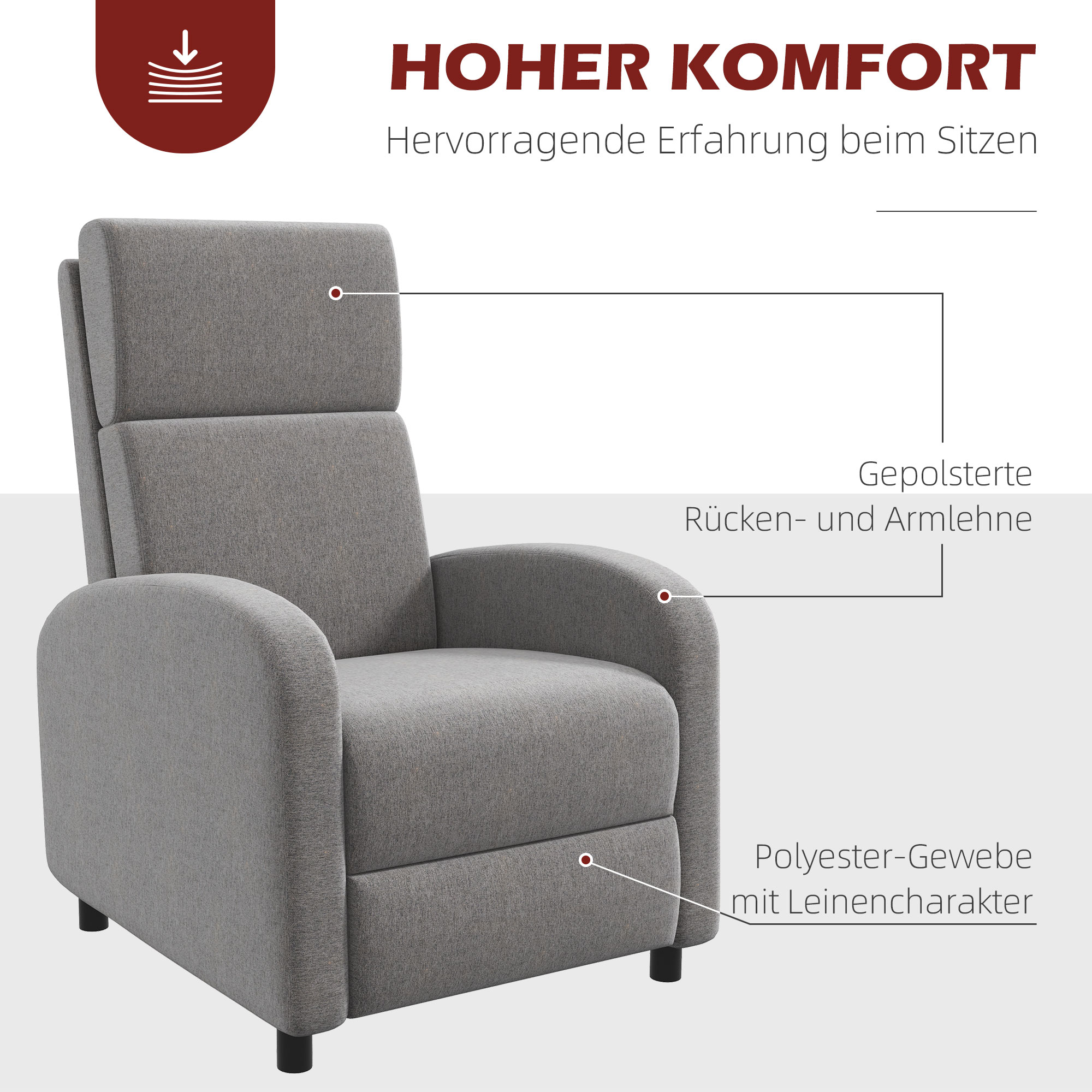 Ein grauer Relaxsessel mit Kopfstütze und Armlehnen. Text zeigt gepolsterte Rücken- und Armlehnen.