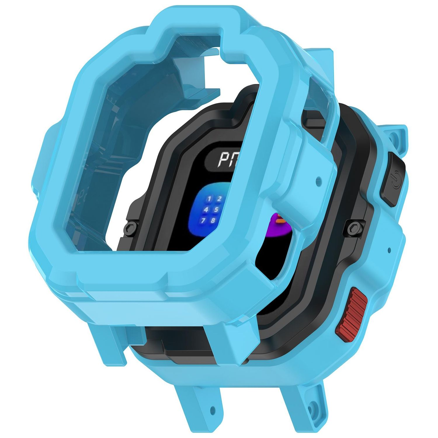 Smartwatch blu con schermo nero che mostra l'ora e le icone. La cassa dell'orologio è aperta.