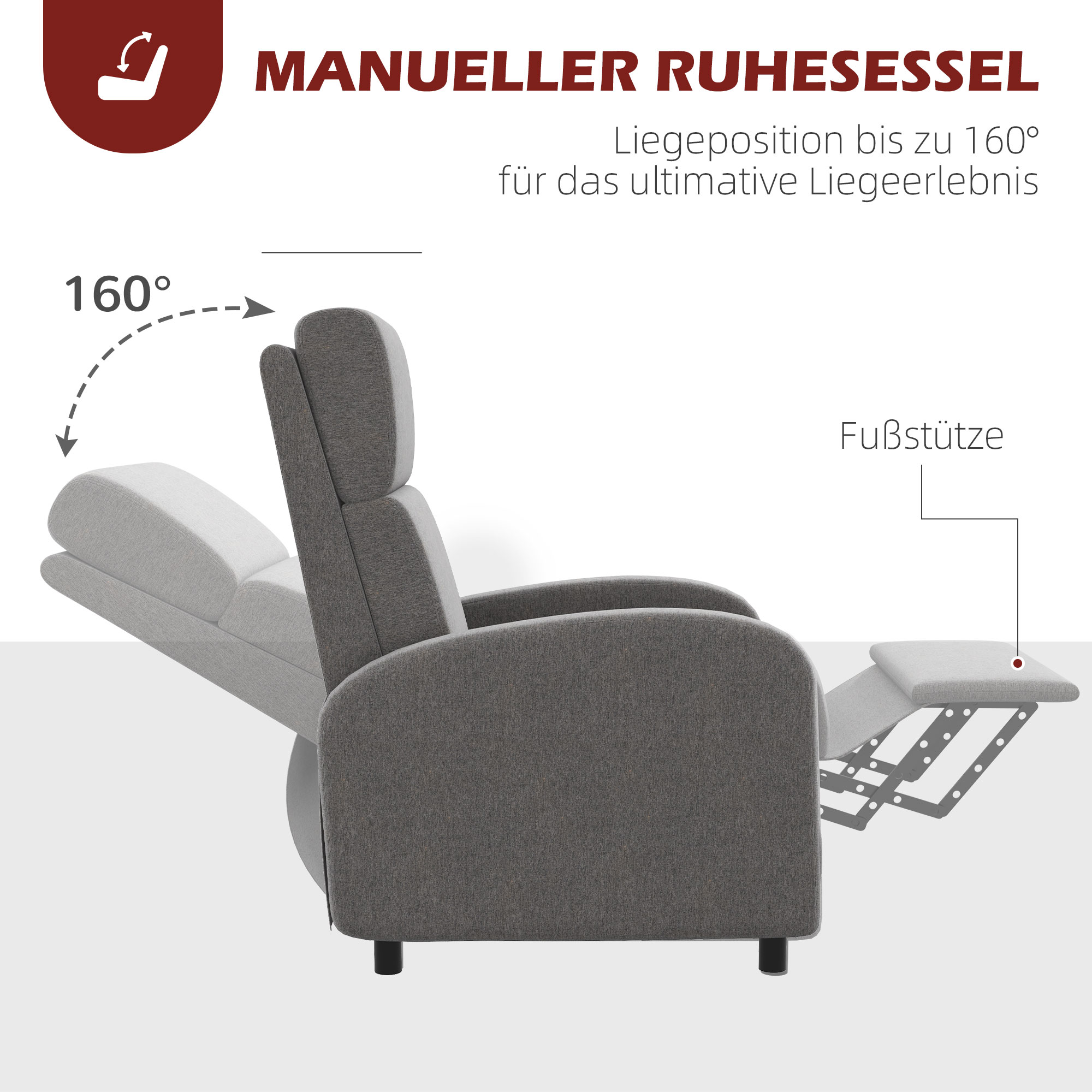 Ein Relaxsessel aus grauem Stoff, die Rückenlehne bis zu 160 Grad geneigt, mit ausgeklappter Fußstütze.