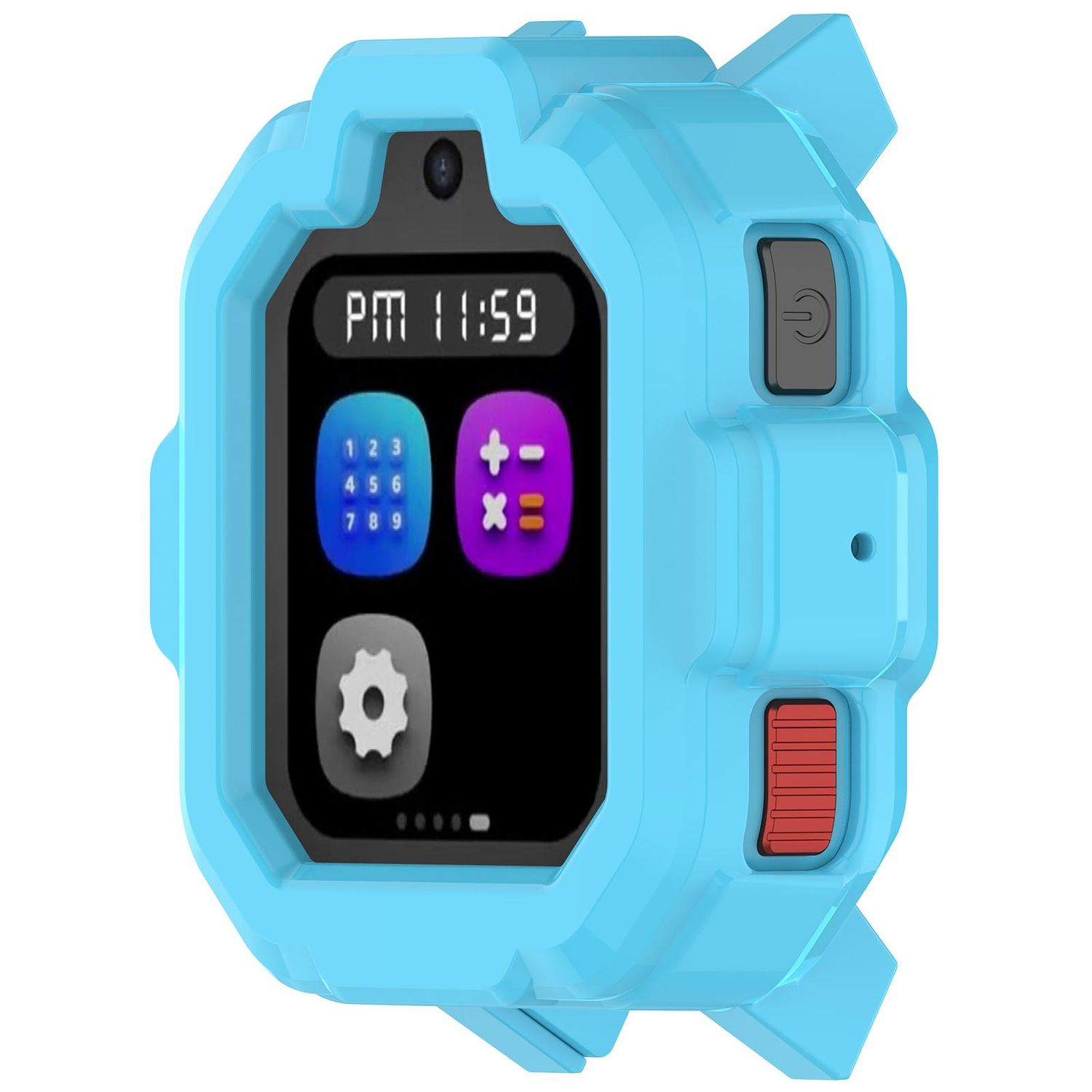 Smartwatch blu con schermo nero che mostra l'ora e le icone. Pulsanti rossi e grigi sul lato.