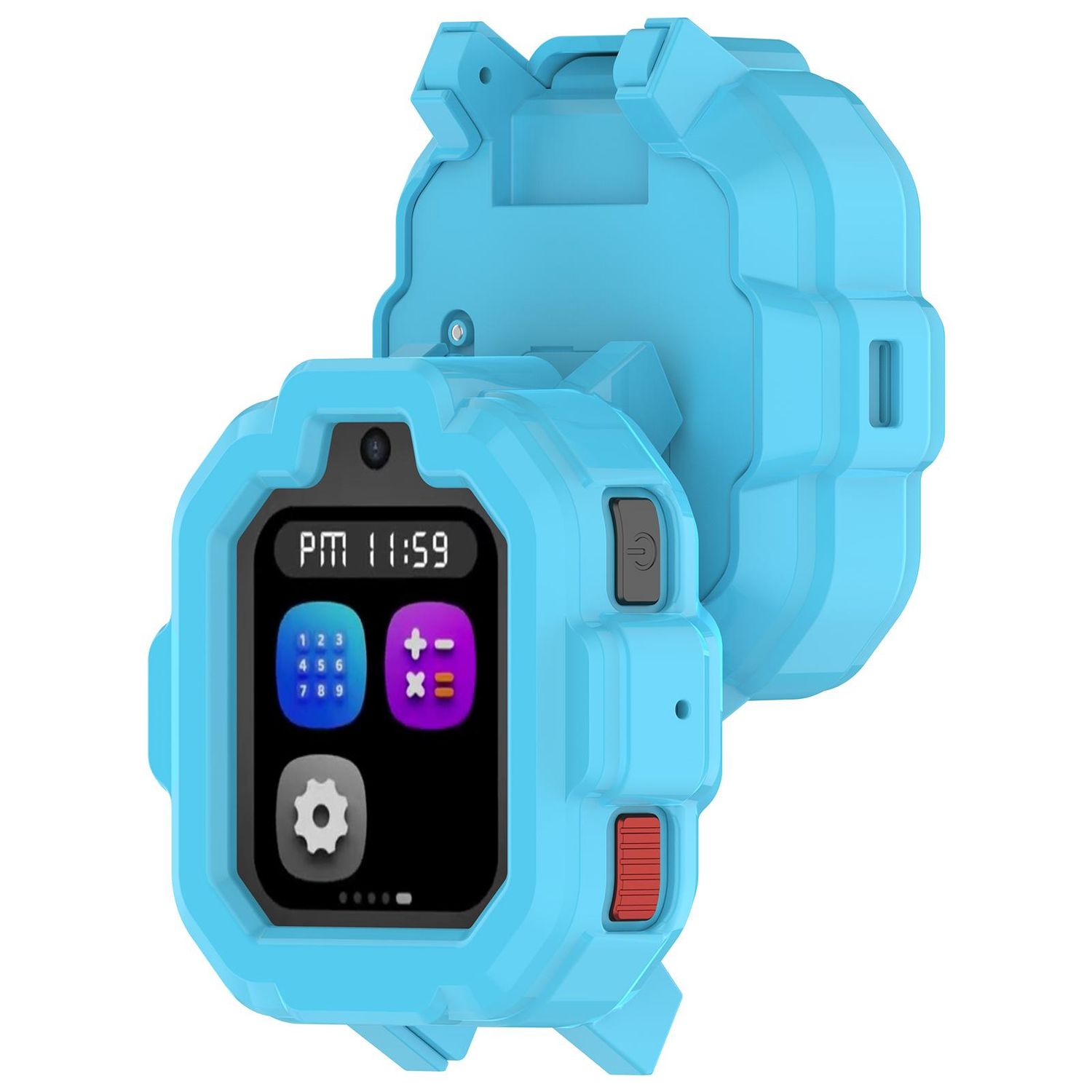 Smartwatch blu con schermo nero che mostra l'ora e le icone. La cassa dell'orologio è aperta.