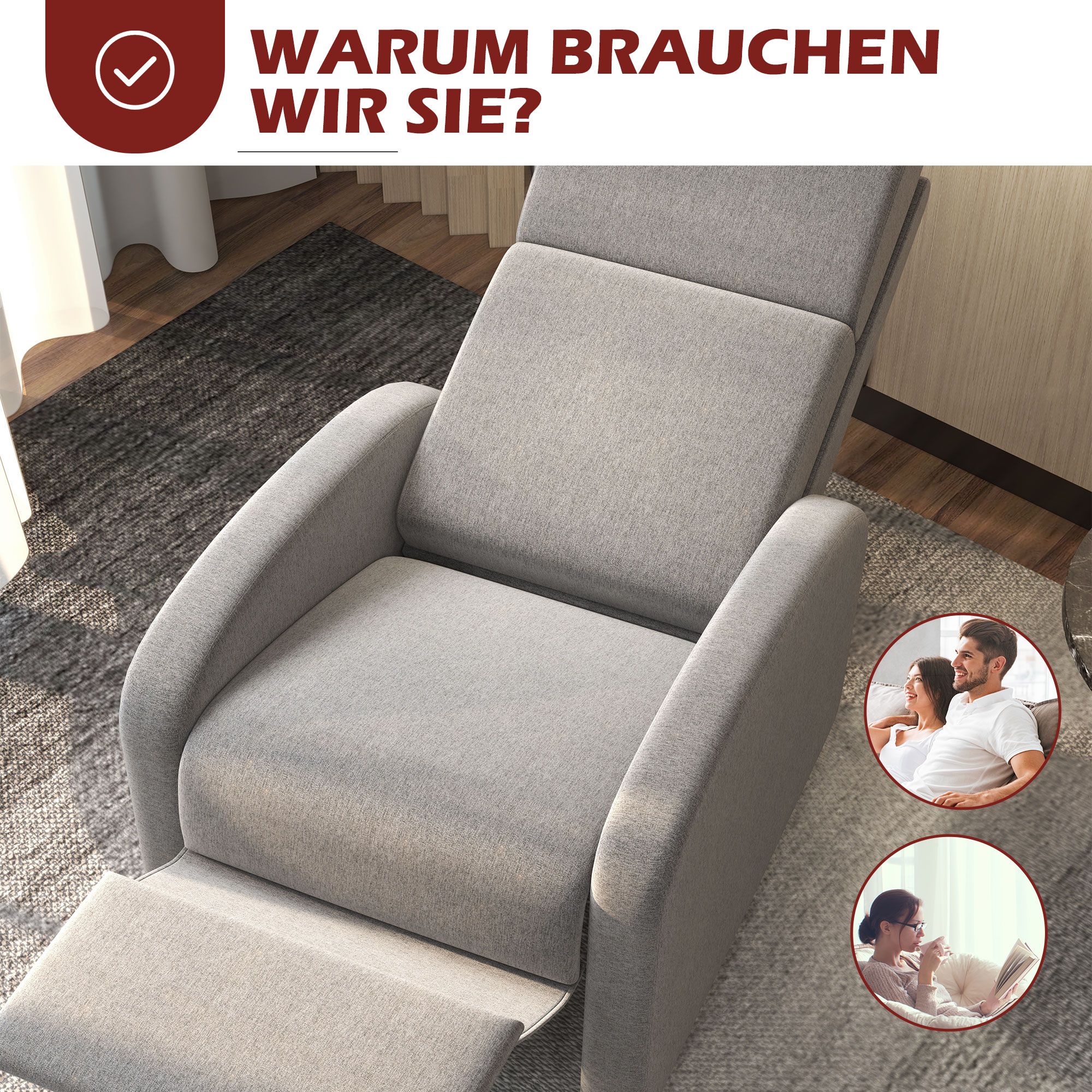 Ein grauer Relaxsessel mit einer Person, die darin sitzt, und einem Paar im Hintergrund.