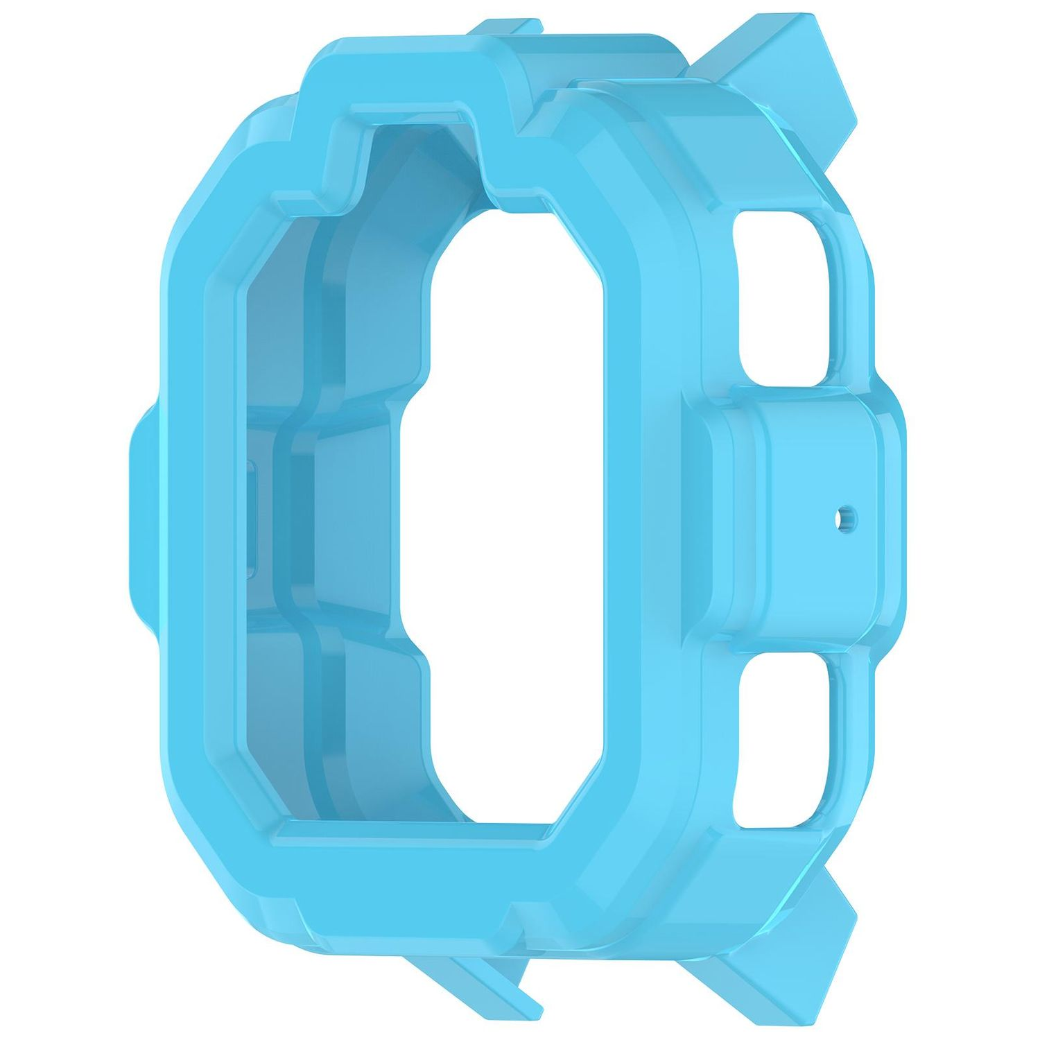Una cassa dell'orologio azzurra con forma rettangolare e ritagli.