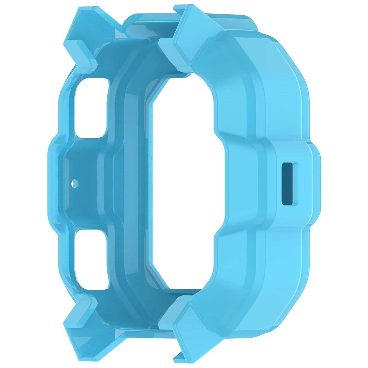 Una cassa dell'orologio azzurra con forma rettangolare e ritagli.