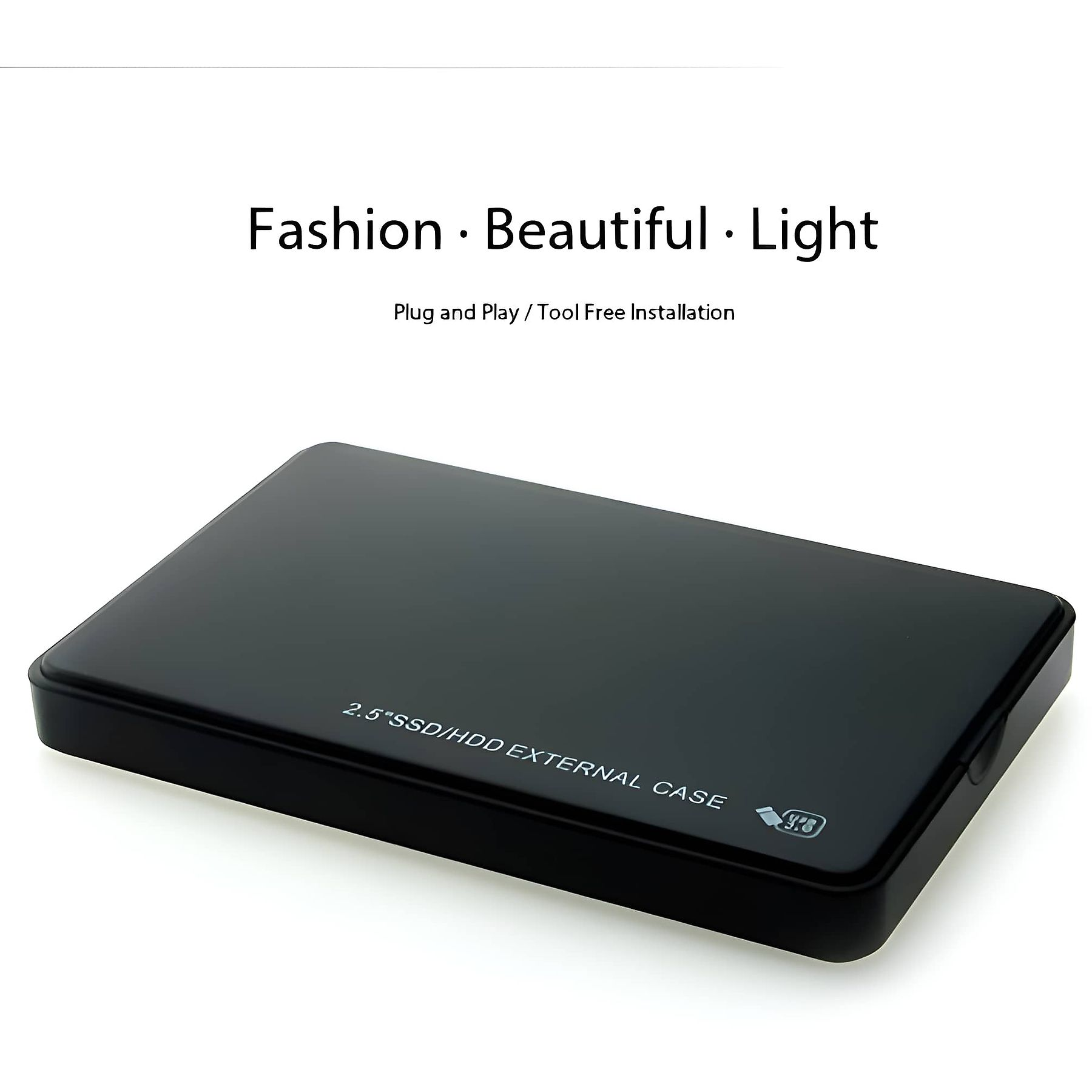 Ein schwarzes externes Festplattengehäuse wird auf einer weißen Oberfläche angezeigt. Text: 2,5" SSD/HDD EXTERNAL CASE.