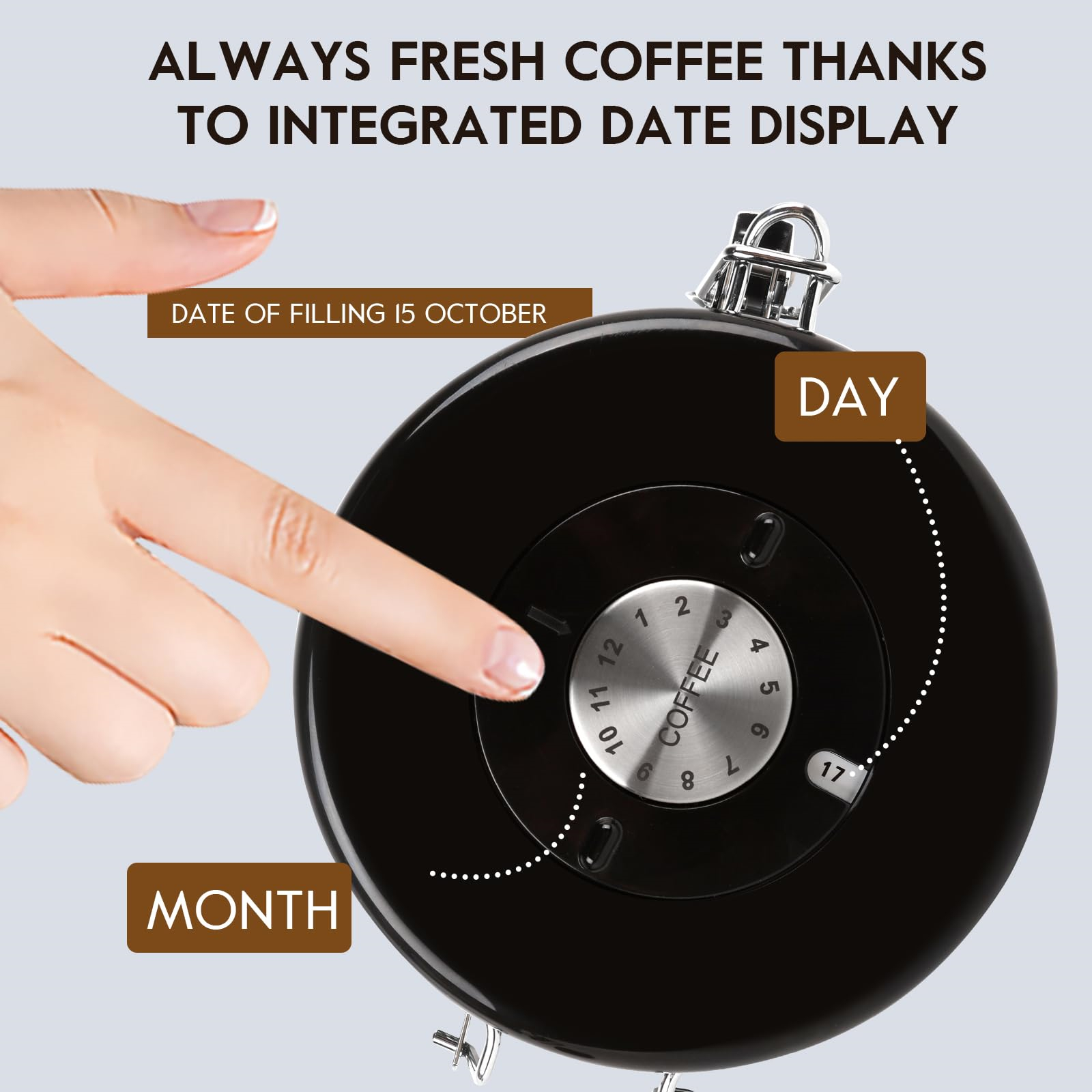Schwarzer Kaffeebehälter mit Datumsanzeige. Ein Finger zeigt auf die Datumseinstellung.