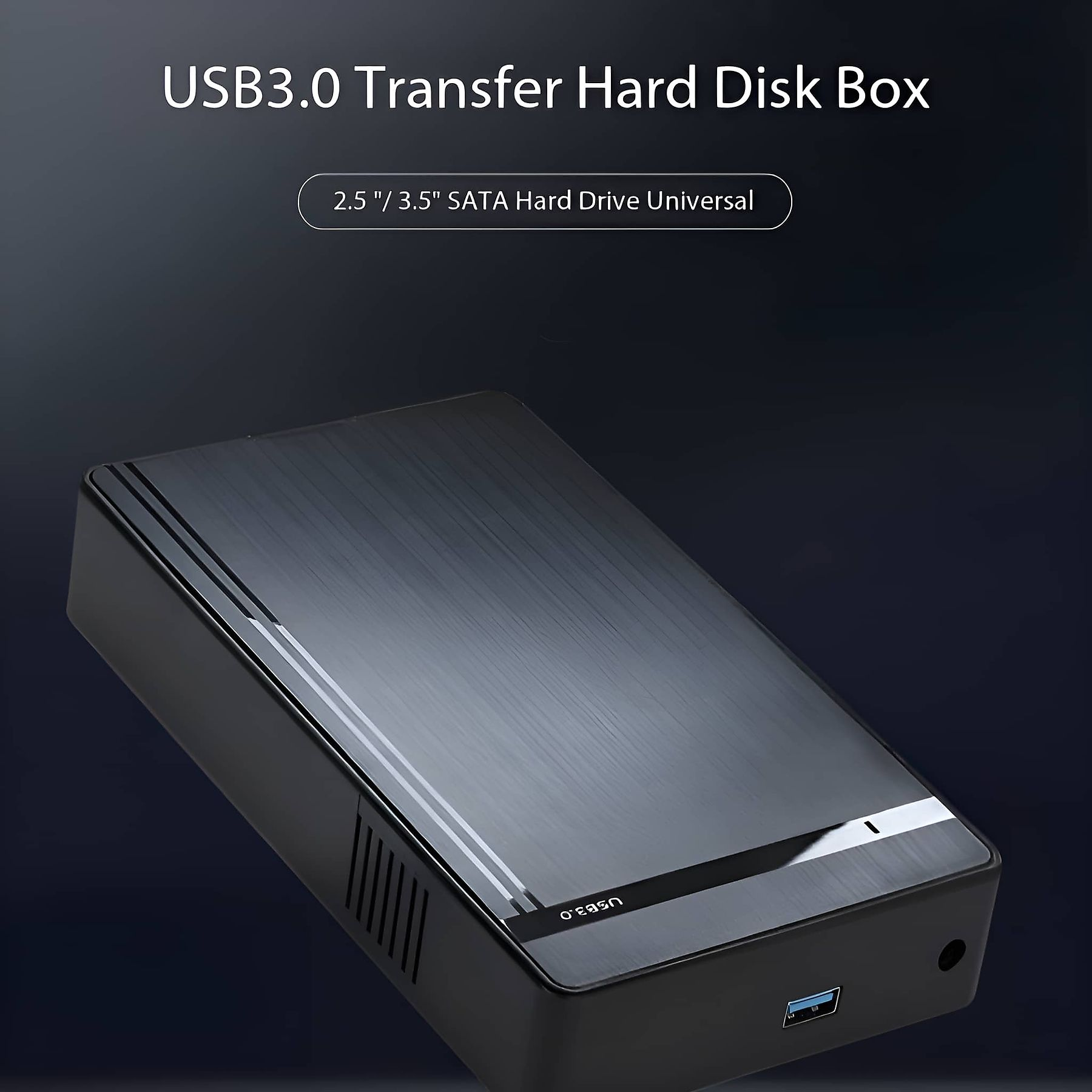 Schwarze Festplattenbox mit USB-Anschluss und weißem Hintergrund. Text oben lautet 'USB3.0 Transfer Hard Disk Box'.
