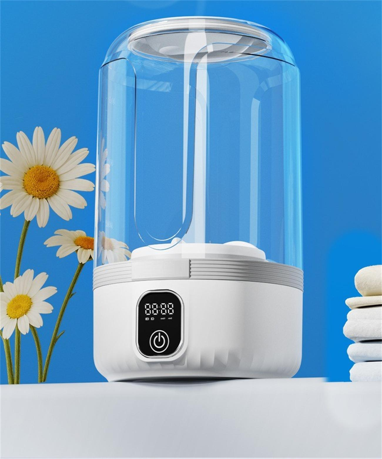 Ein weißer und klarer Wasserreiniger mit Digitalanzeige und einer Gänseblümchen links.