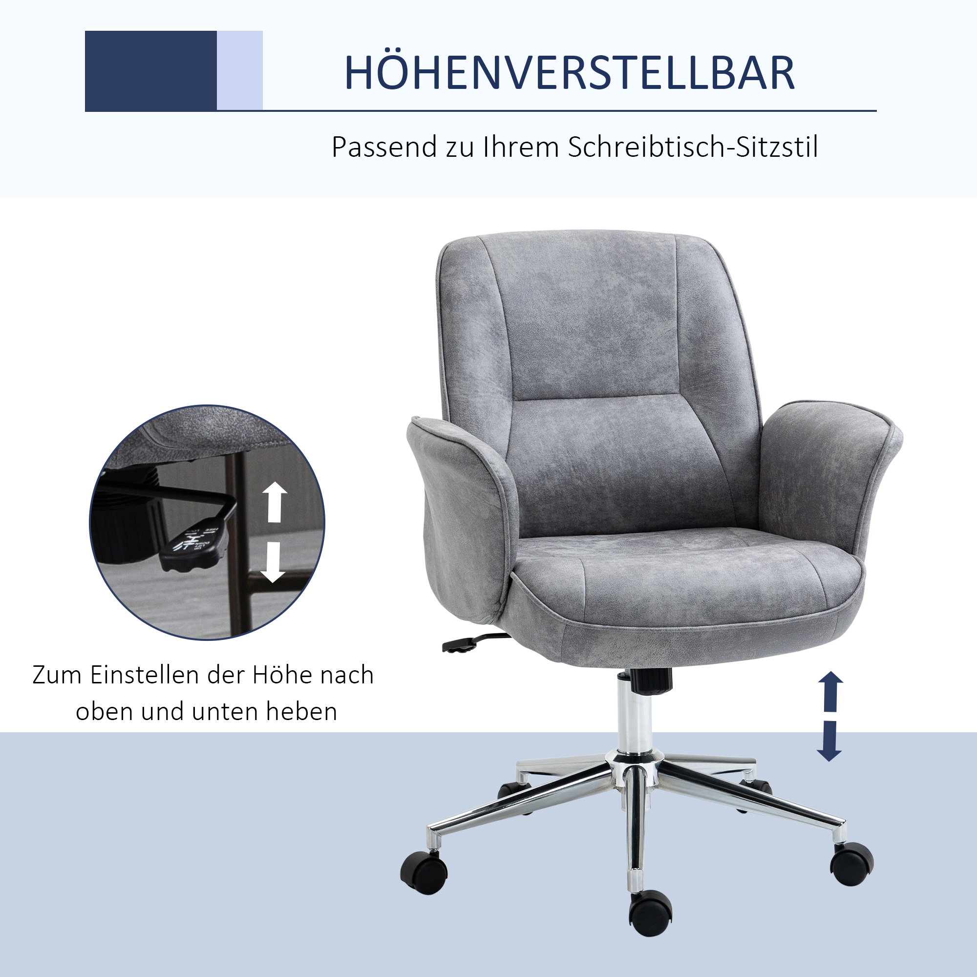 Ein grauer Bürostuhl mit höhenverstellbarer Funktion und einem Chromgestell. Text zeigt die Höhenverstellung.