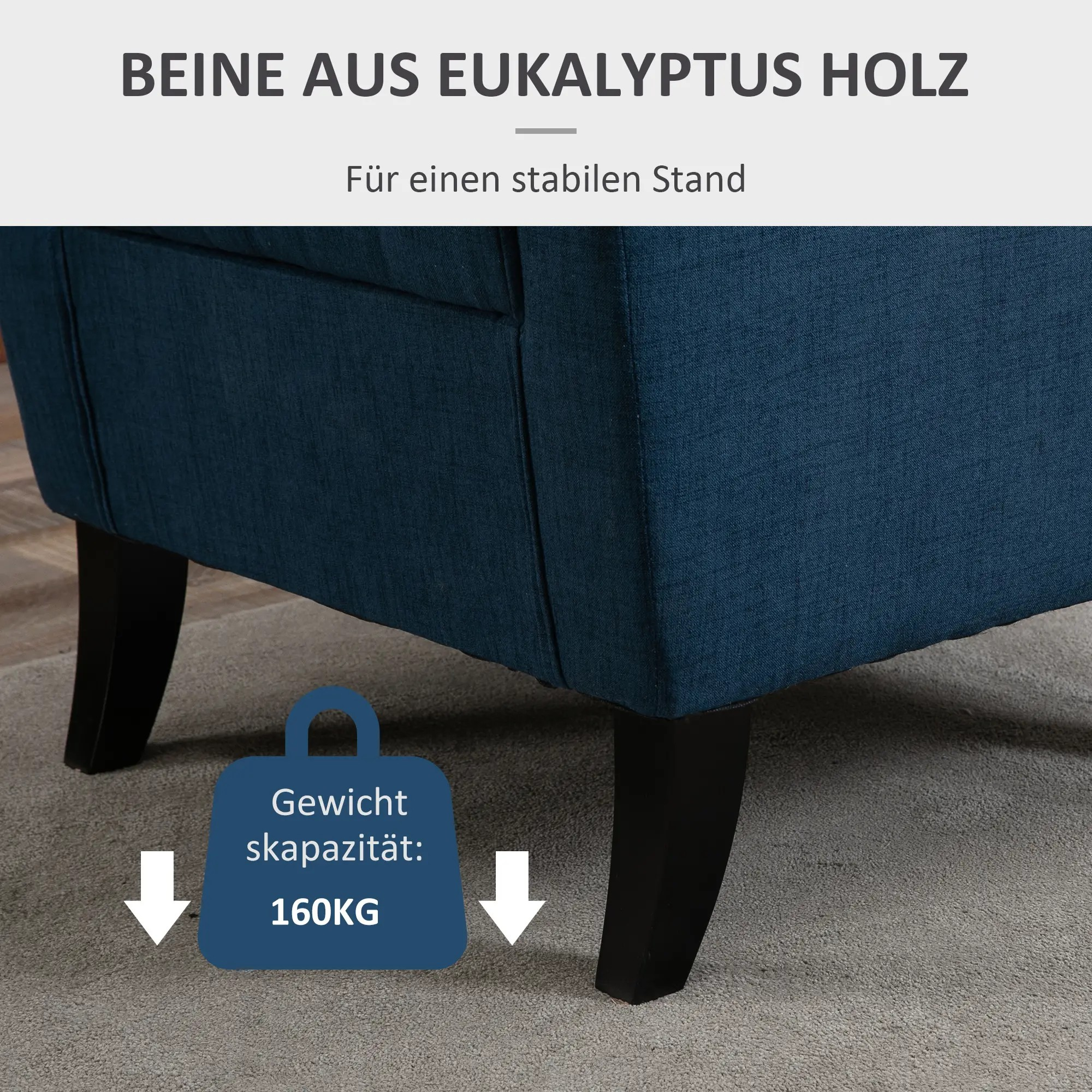 Blaue Stuhlbeine aus Eukalyptusholz mit einer Gewichtskapazität von 160 kg.