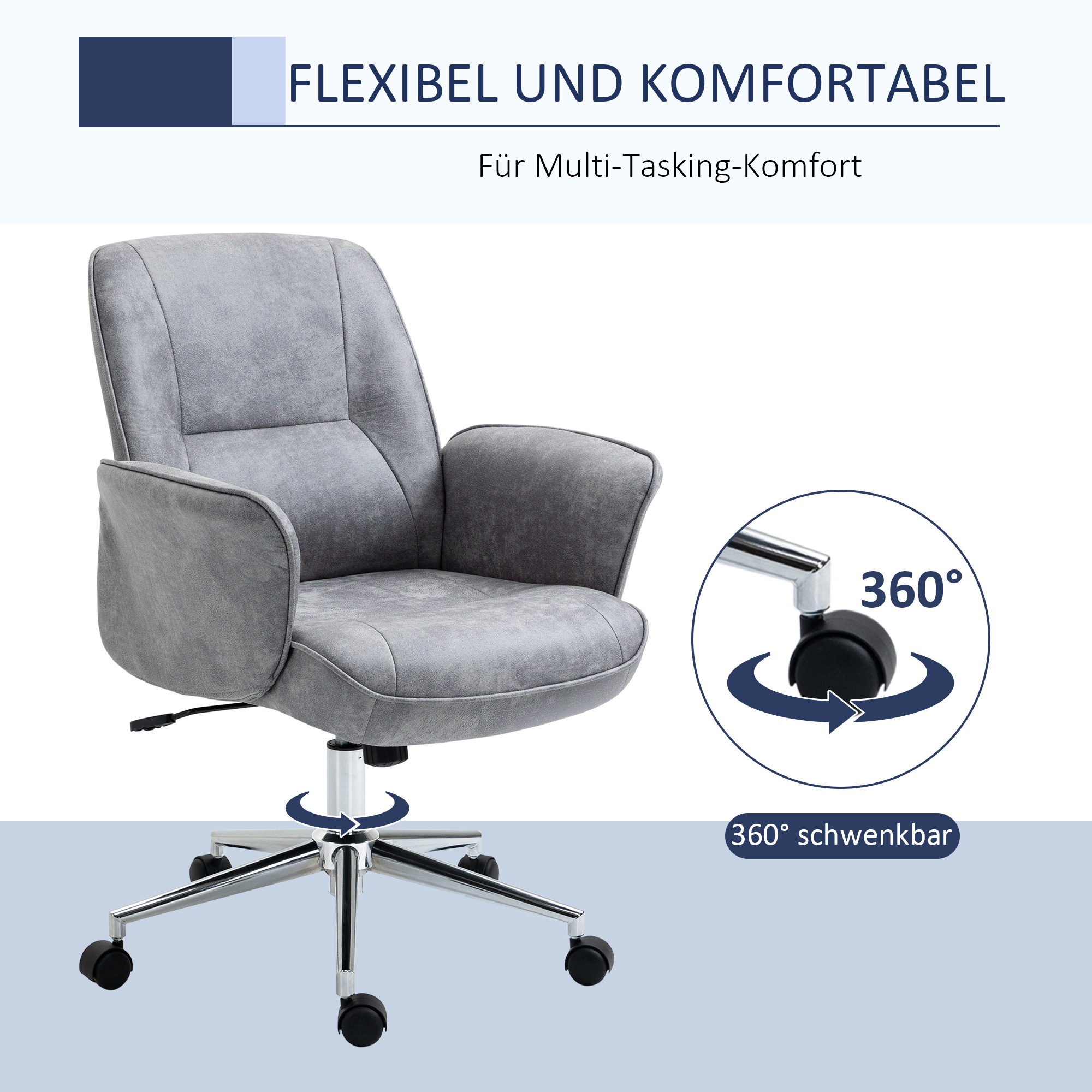 Ein grauer Bürostuhl auf Rollen, der eine 360°-Drehbarkeit und komfortable Designmerkmale zeigt.