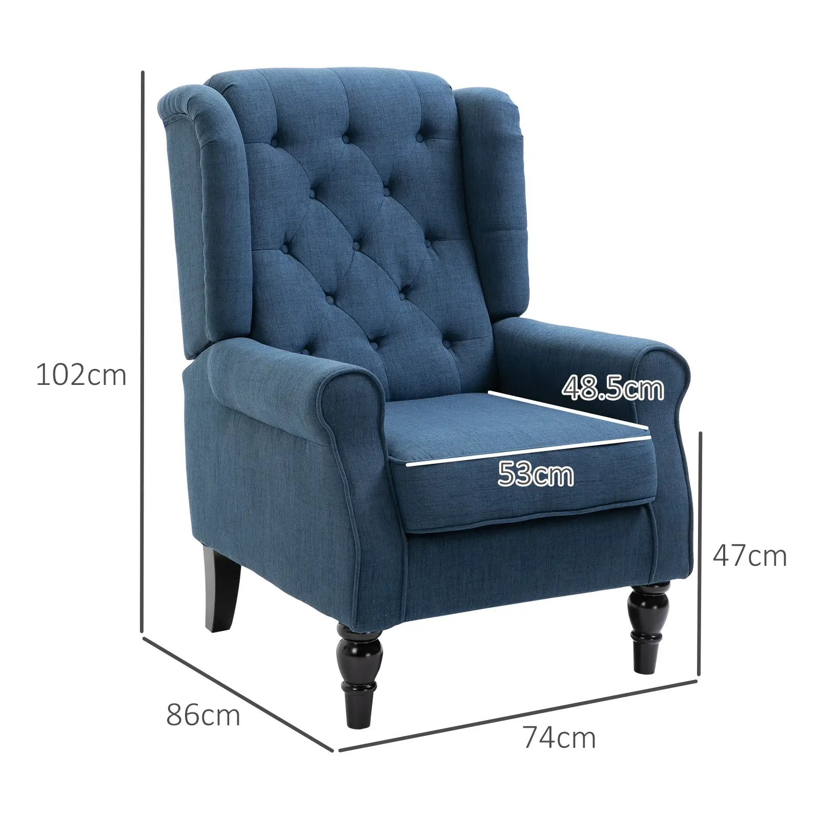 Ein blauer Ohrensessel mit Maßen: 102 cm hoch, 86 cm breit, 74 cm tief, Sitz 53 cm breit, 48,5 cm hoch.