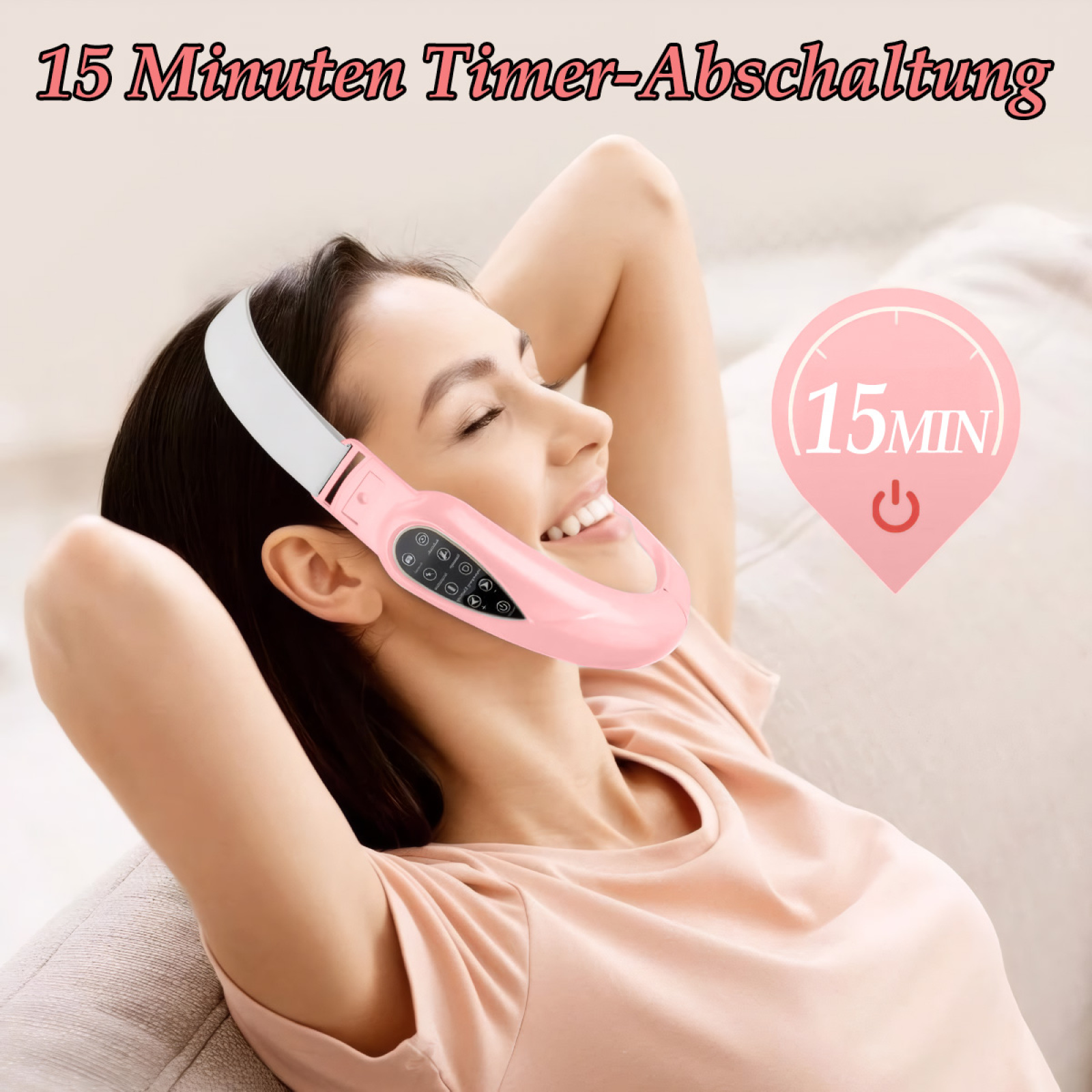 Eine Frau mit einem rosa Gesichtsmassagegerät im Gesicht, lächelnd, mit einer Timer-Grafik im Hintergrund.