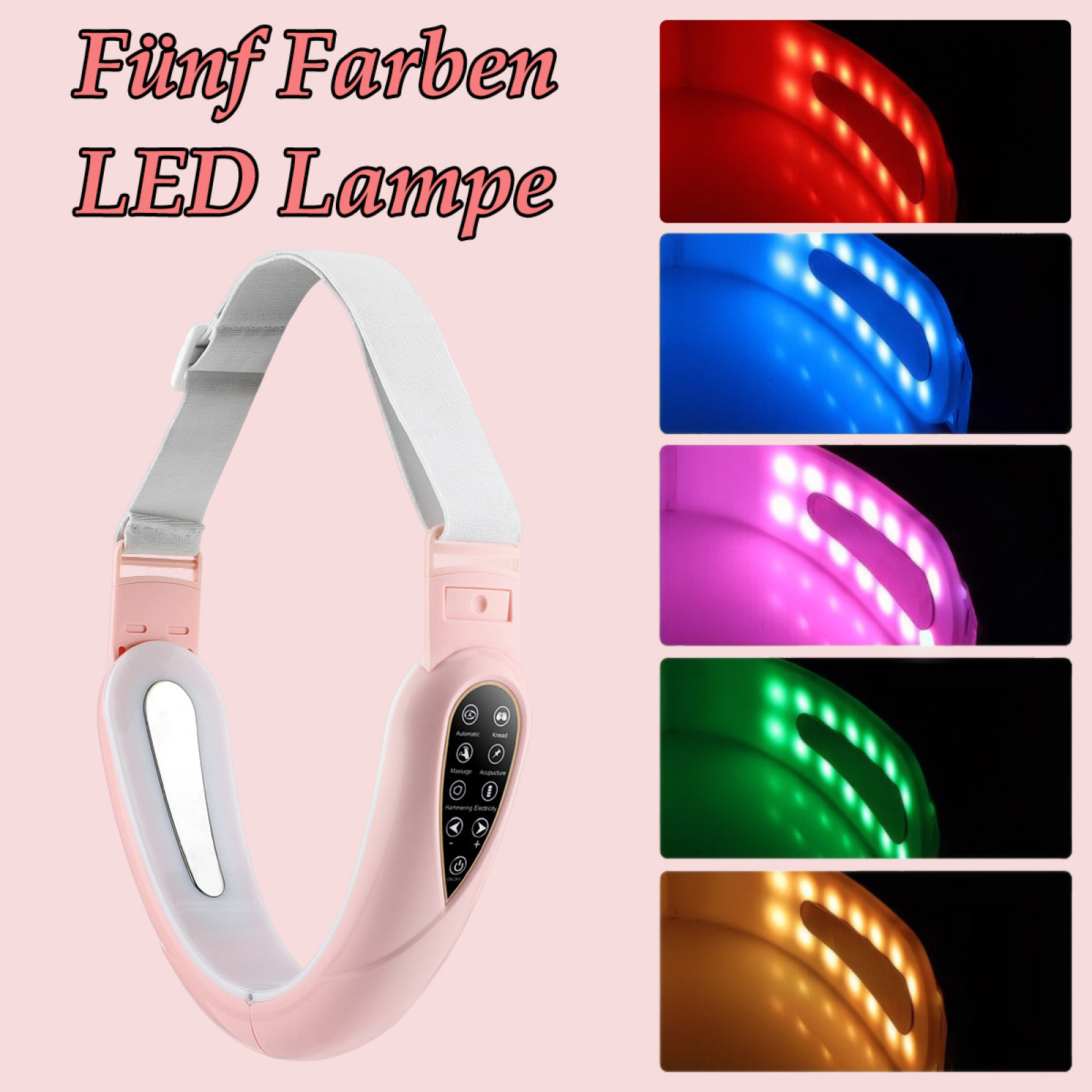 Ein rosa LED-Gesichts- und Nackenmassagegerät mit fünf Farboptionen und einem weißen Riemen.