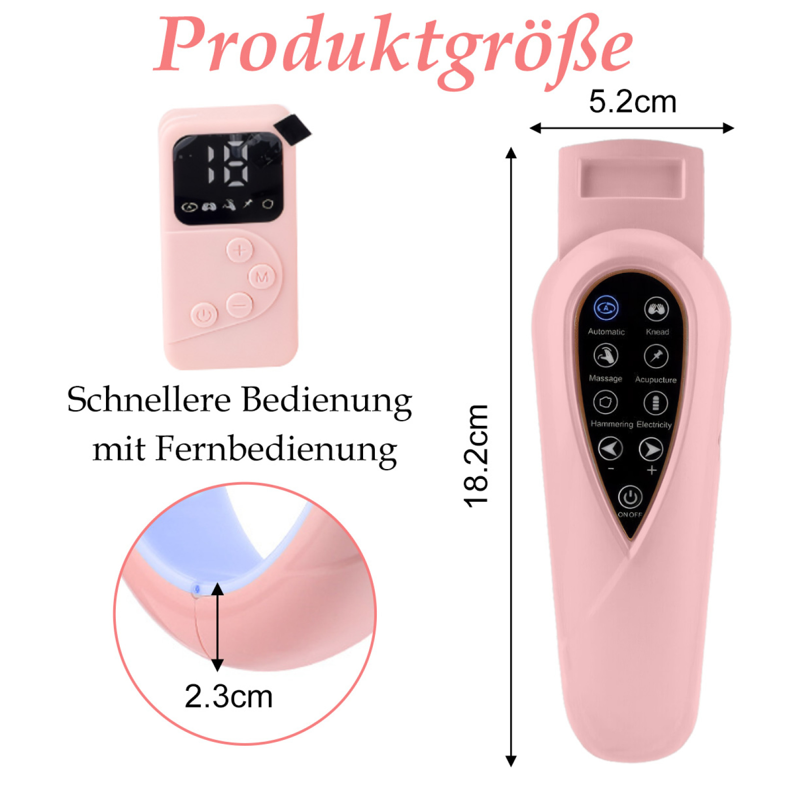 Rosa Gerät mit Bildschirm, der Zahlen anzeigt, Knöpfen und Abmessungen. Text auf Deutsch.