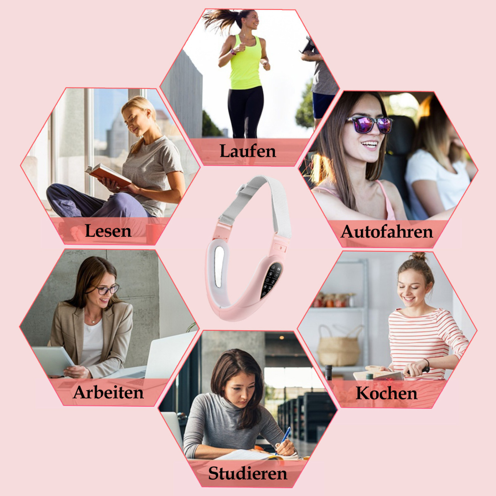 Eine Grafik, die zeigt, wie das Gesichtsmassagegerät bei verschiedenen Aktivitäten wie Lesen, Laufen und Kochen verwendet wird.