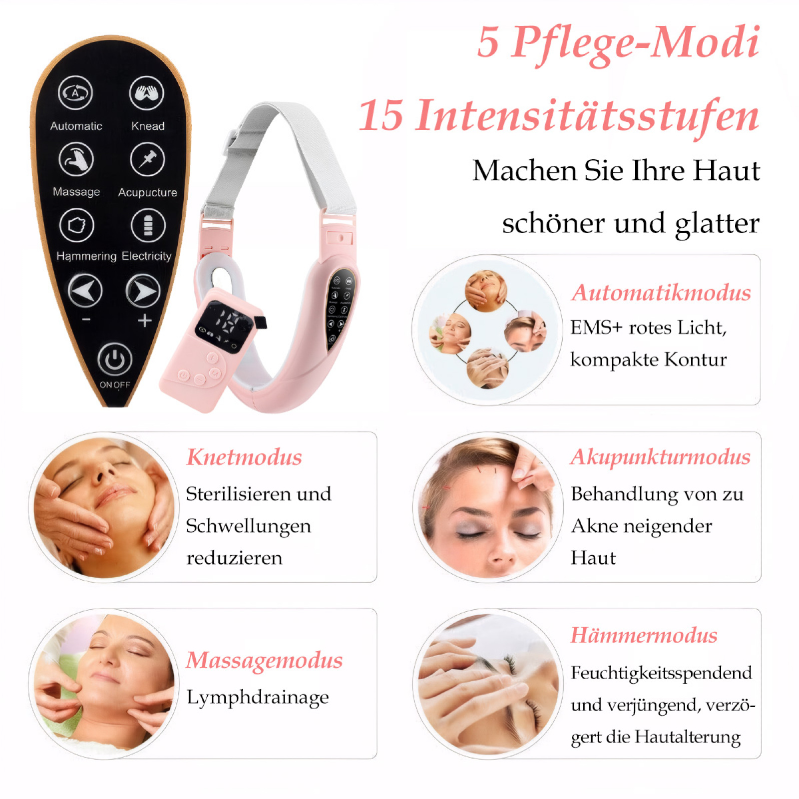 Diagramm, das das Gesichtsmassagegerät mit verschiedenen Funktionen und Modi mit Textbezeichnungen auf Deutsch zeigt.