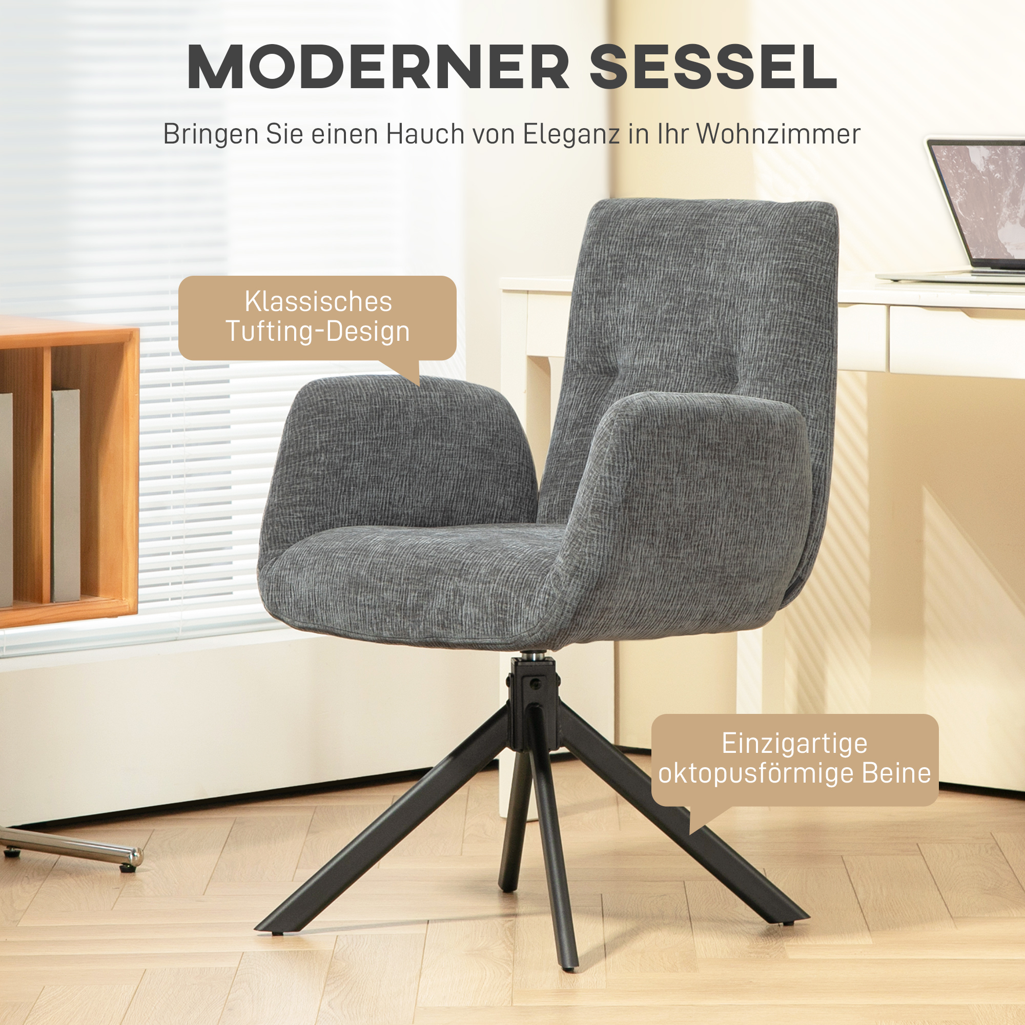 Moderner grauer Stuhl in einem Raum. Text: MODERNER SESSEL. Mit Text: Klassisches Tufting-Design, Einzigartige oktopusförmige Beine.